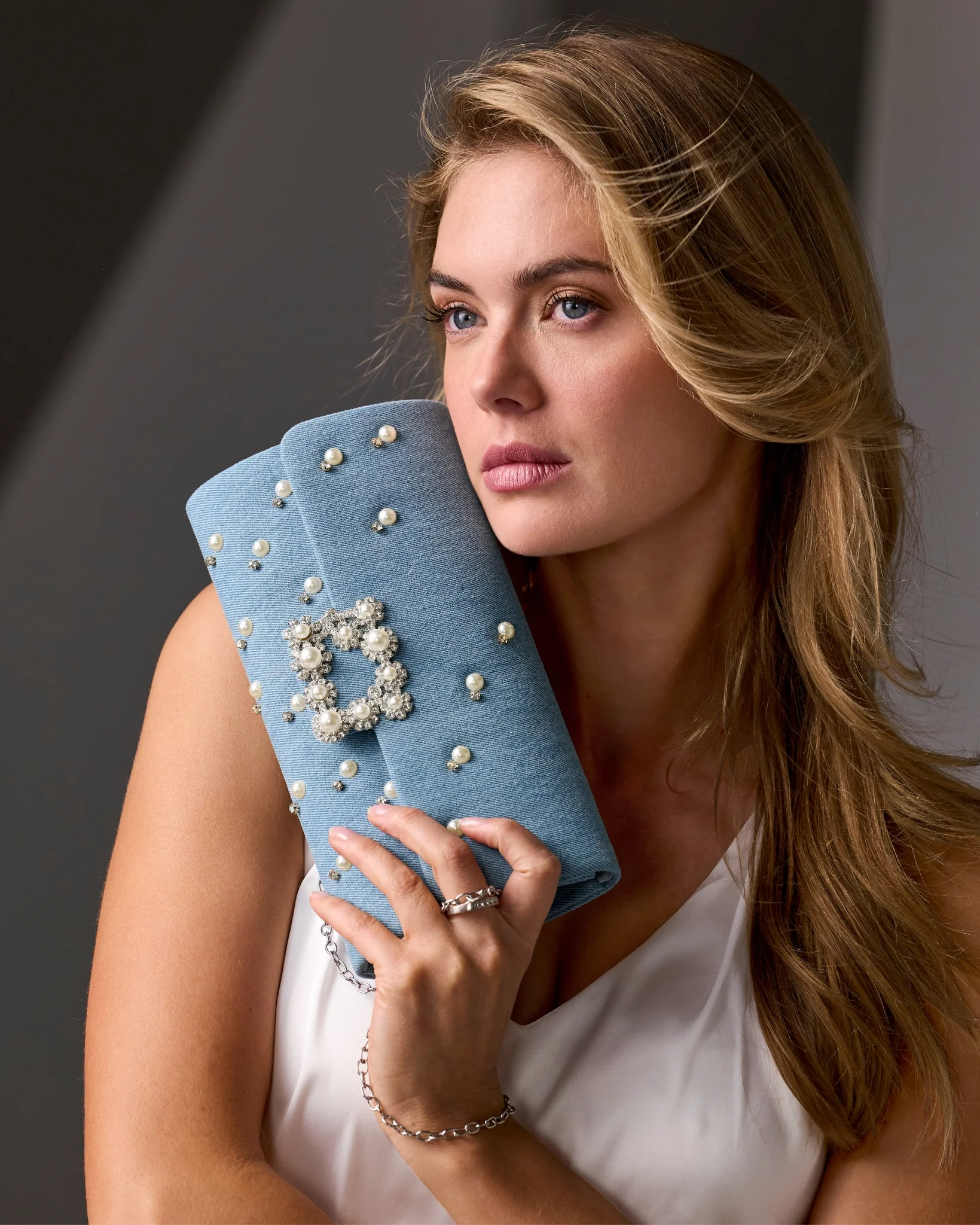 Denim Rhinestone Clutch Blue Denim - Mycitystee