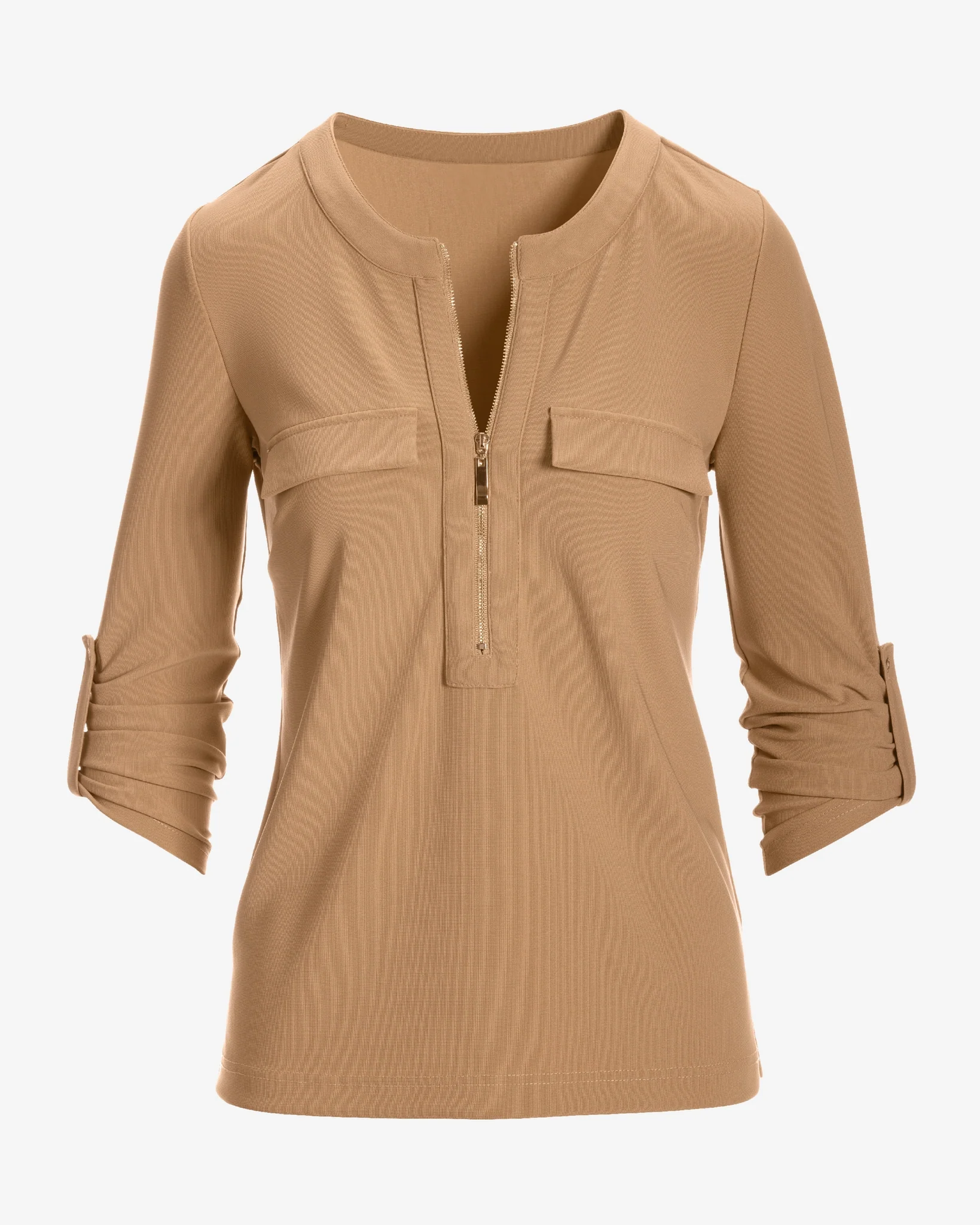 Beyond Travel Zip Tab Sleeve Top Camel - Mycitystee