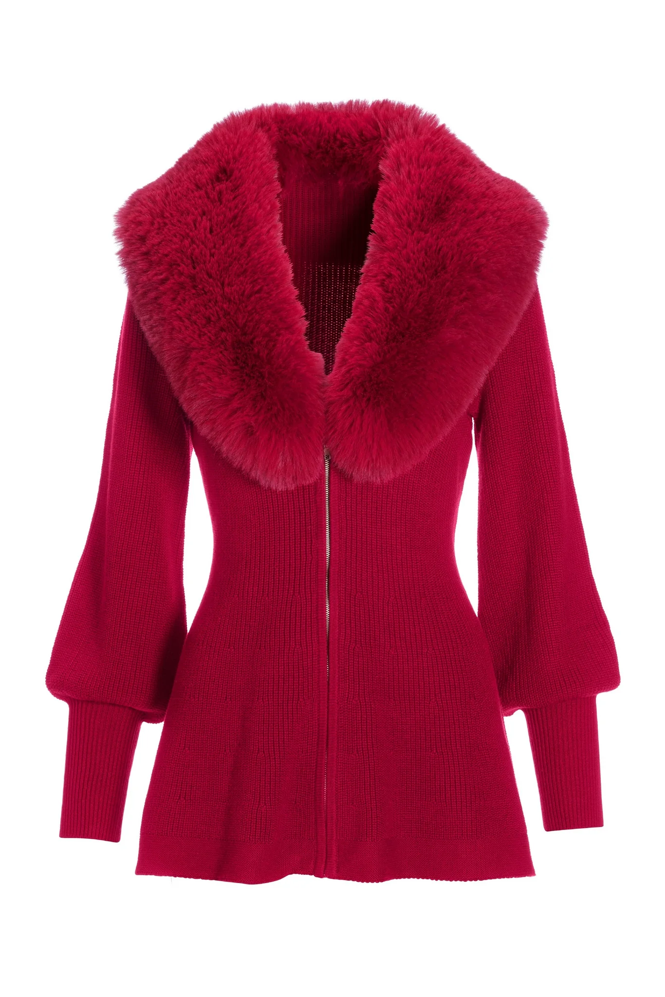Faux Fur Balloon Sleeve A Line Zip Up Cardigan Jester Red - Mycitystee