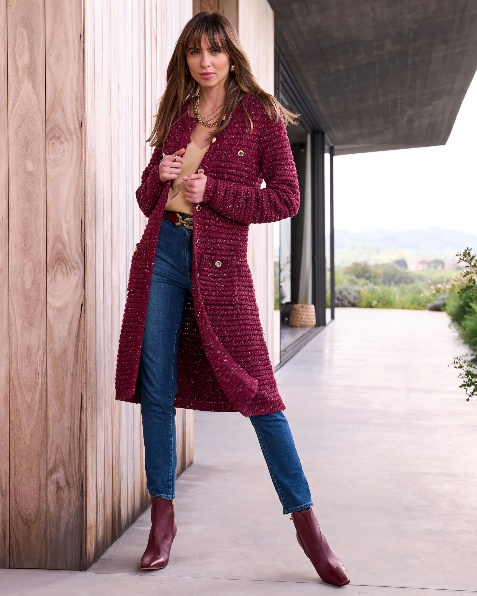 Marled Lurex Sweater Duster Burgundy Multi - Mycitystee