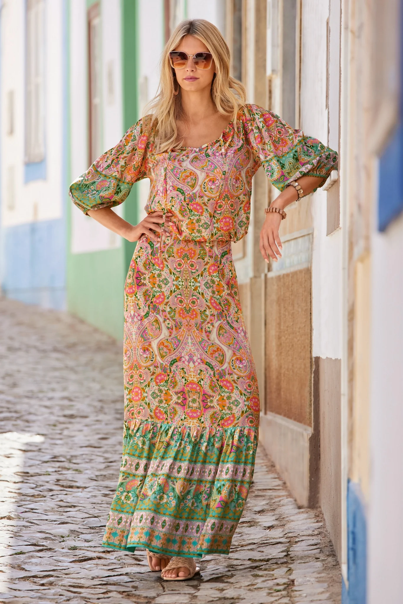 Boho Beach Club Print Maxi Skirt Pink/Teal - Mycitystee