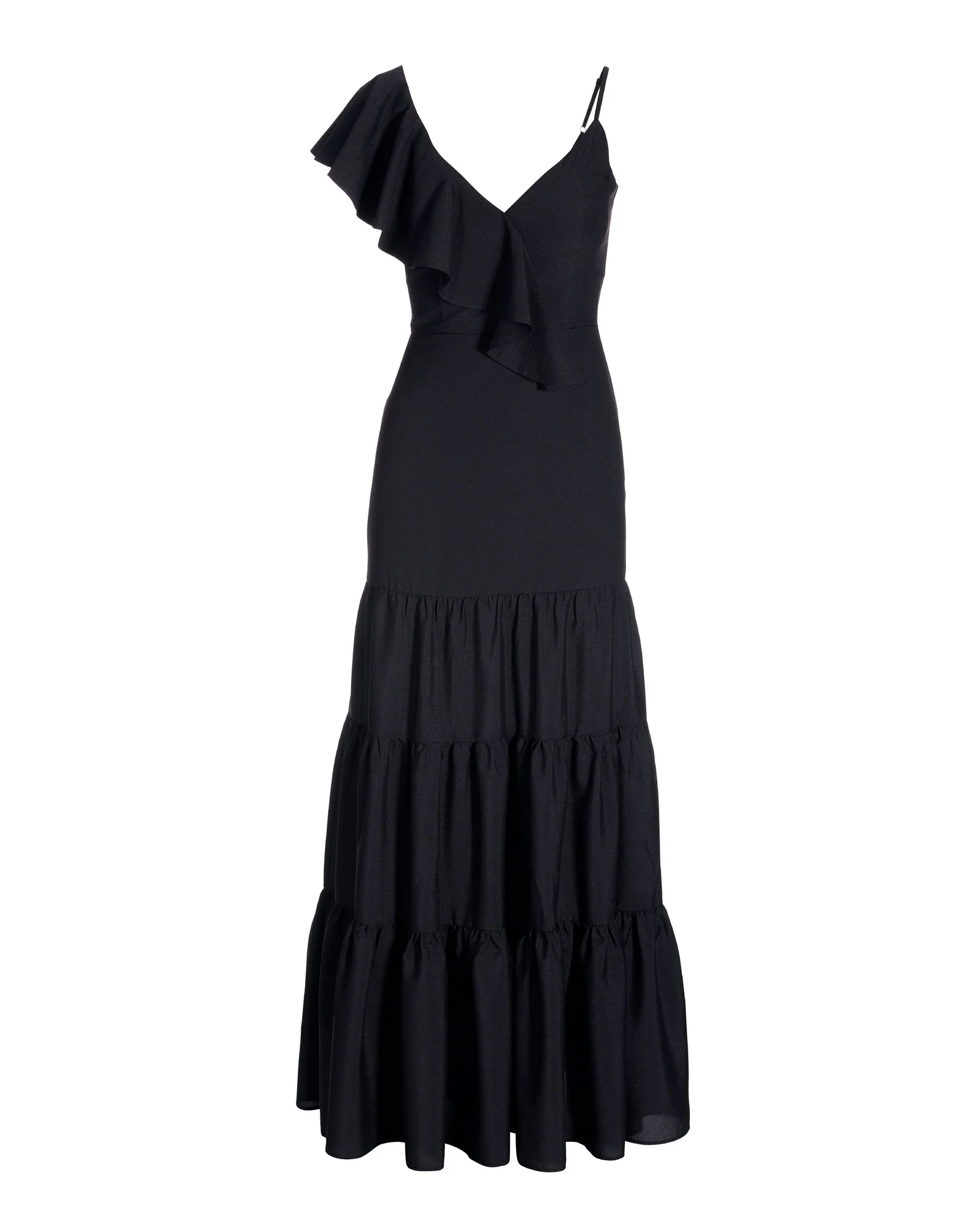 Asymmetrical Ruffle Tiered Maxi Dress Black - Mycitystee