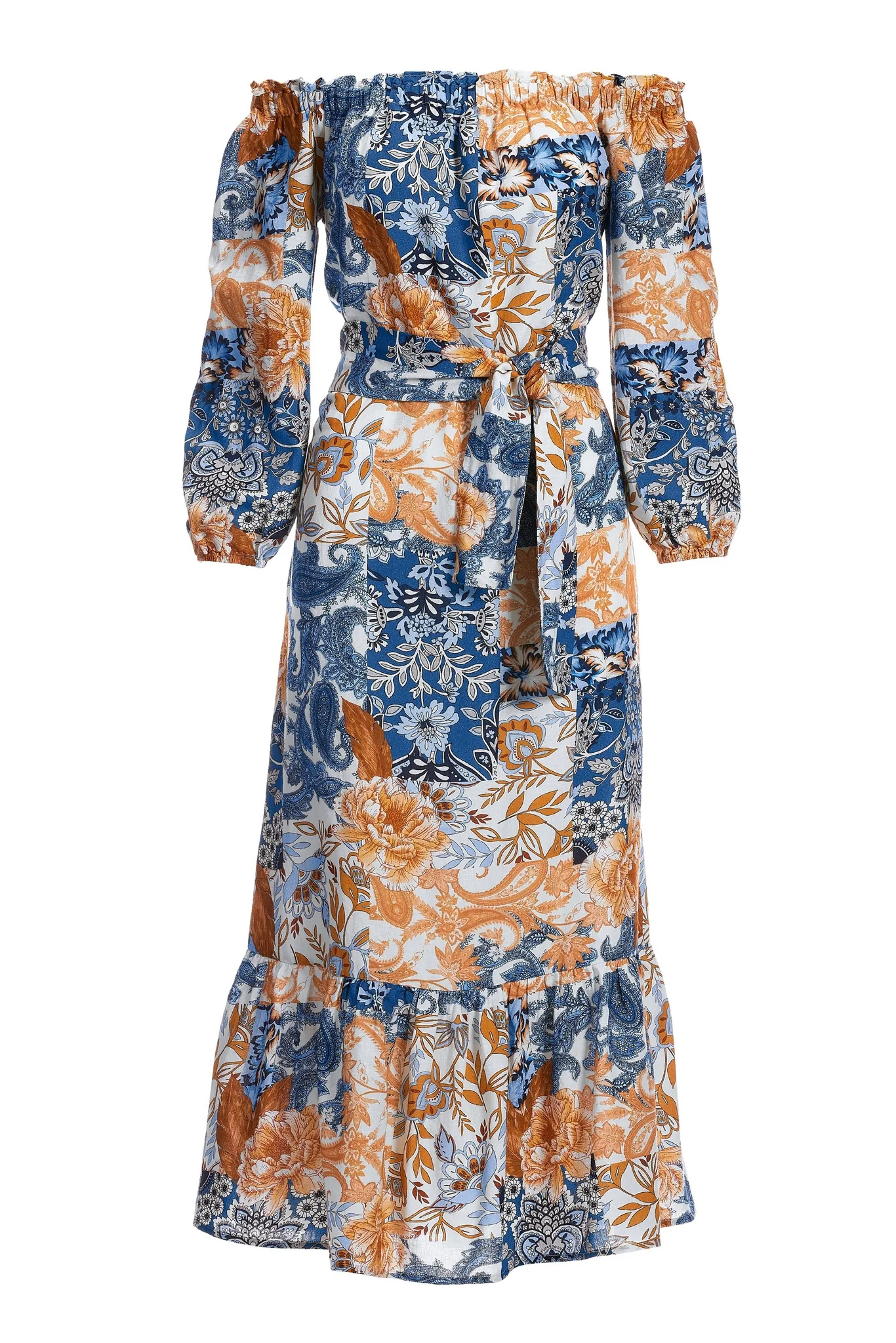 Arizona Patchwork OTS Linen Button Front Midi Dress Multi - Mycitystee