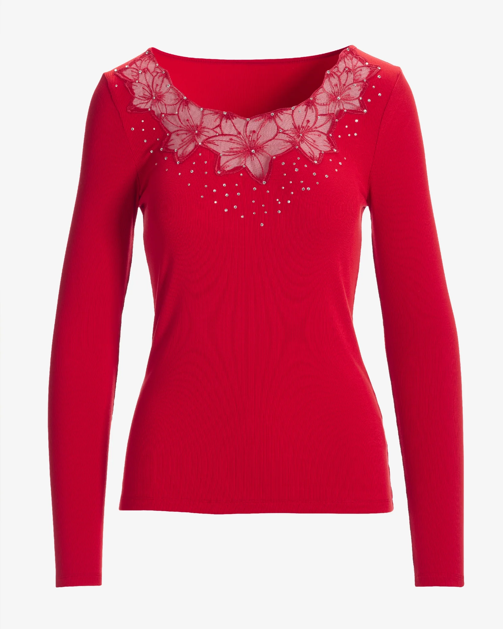 So Essential Mesh Floral Long Sleeve Ribbed Top Tomato Red - Mycitystee