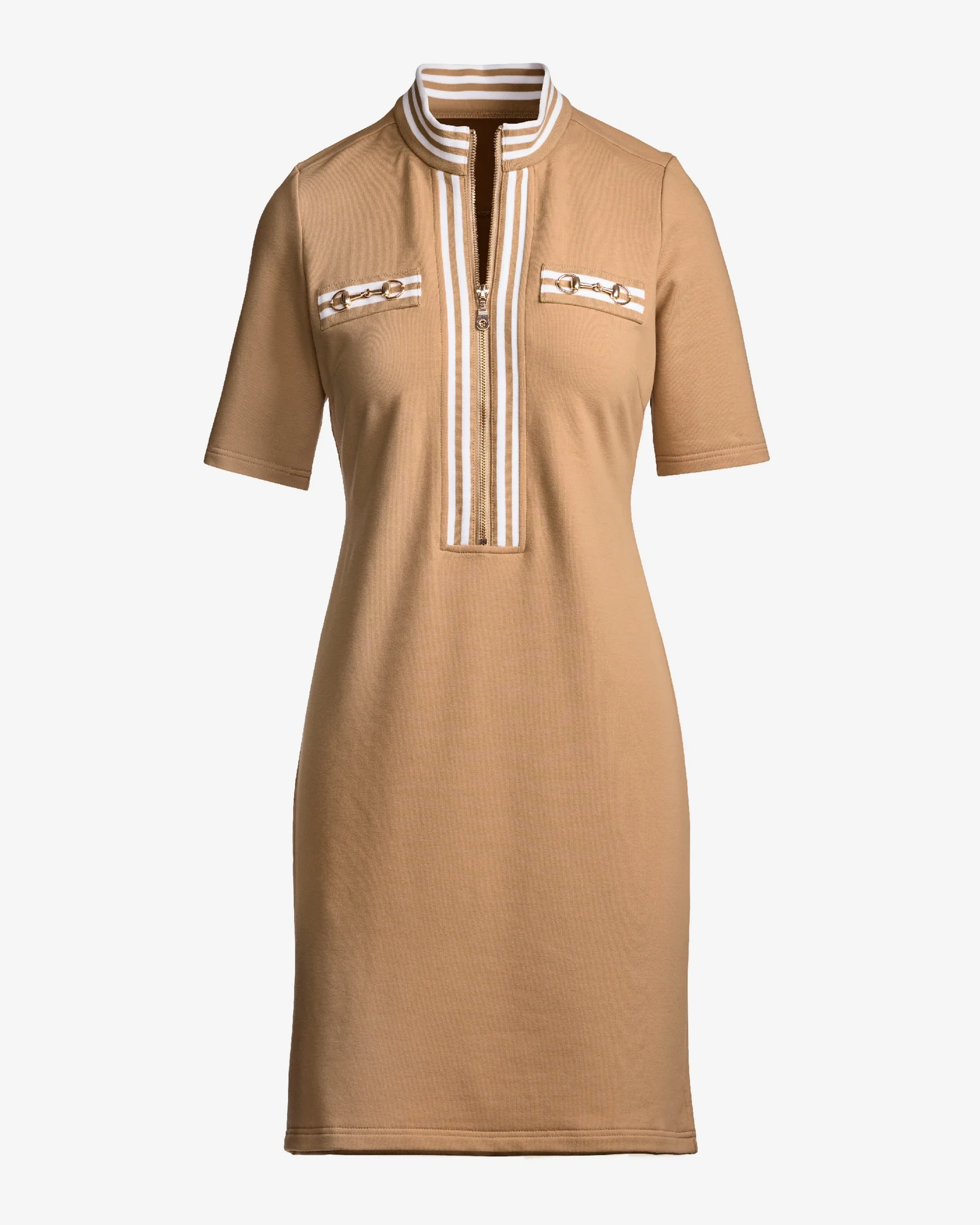 Striped French Terry Hardware Zipper Dress Cashmere Tan - Mycitystee