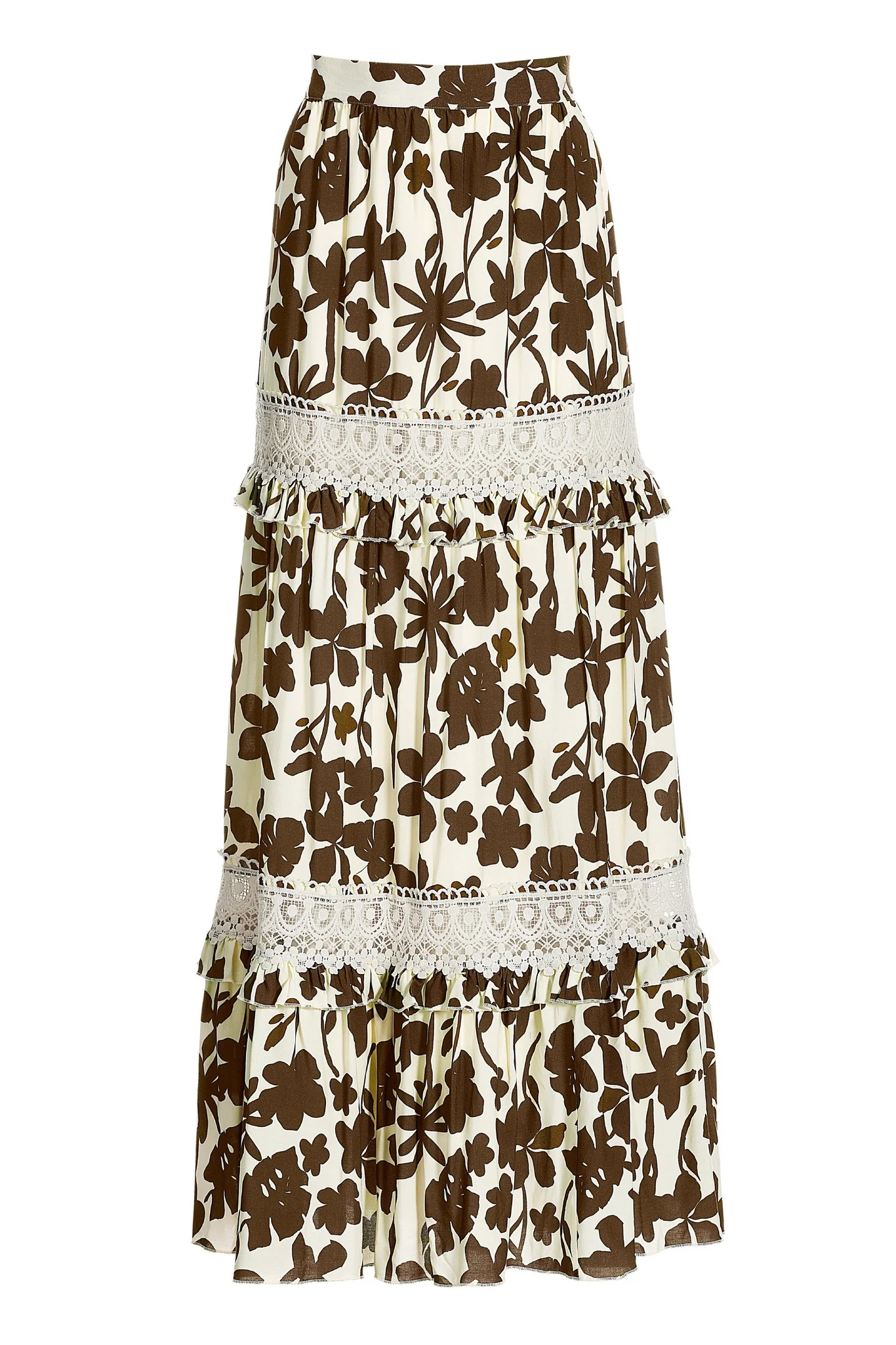Floral Print Lace Tiered Maxi Skirt Cream/Brown - Mycitystee