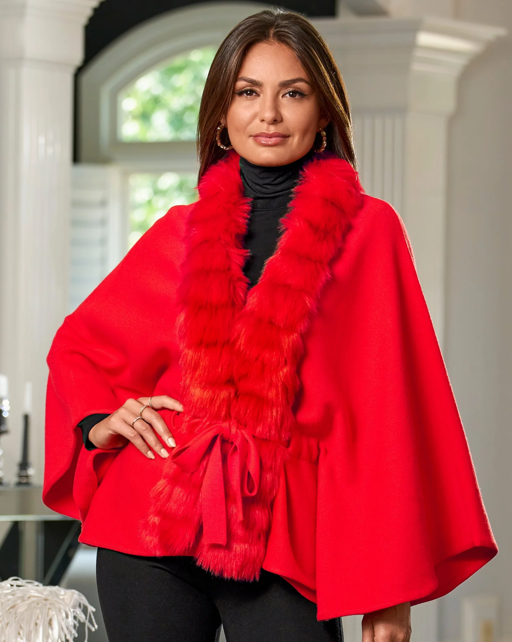 Faux Fur Tie Waist Poncho Racing Red - Mycitystee