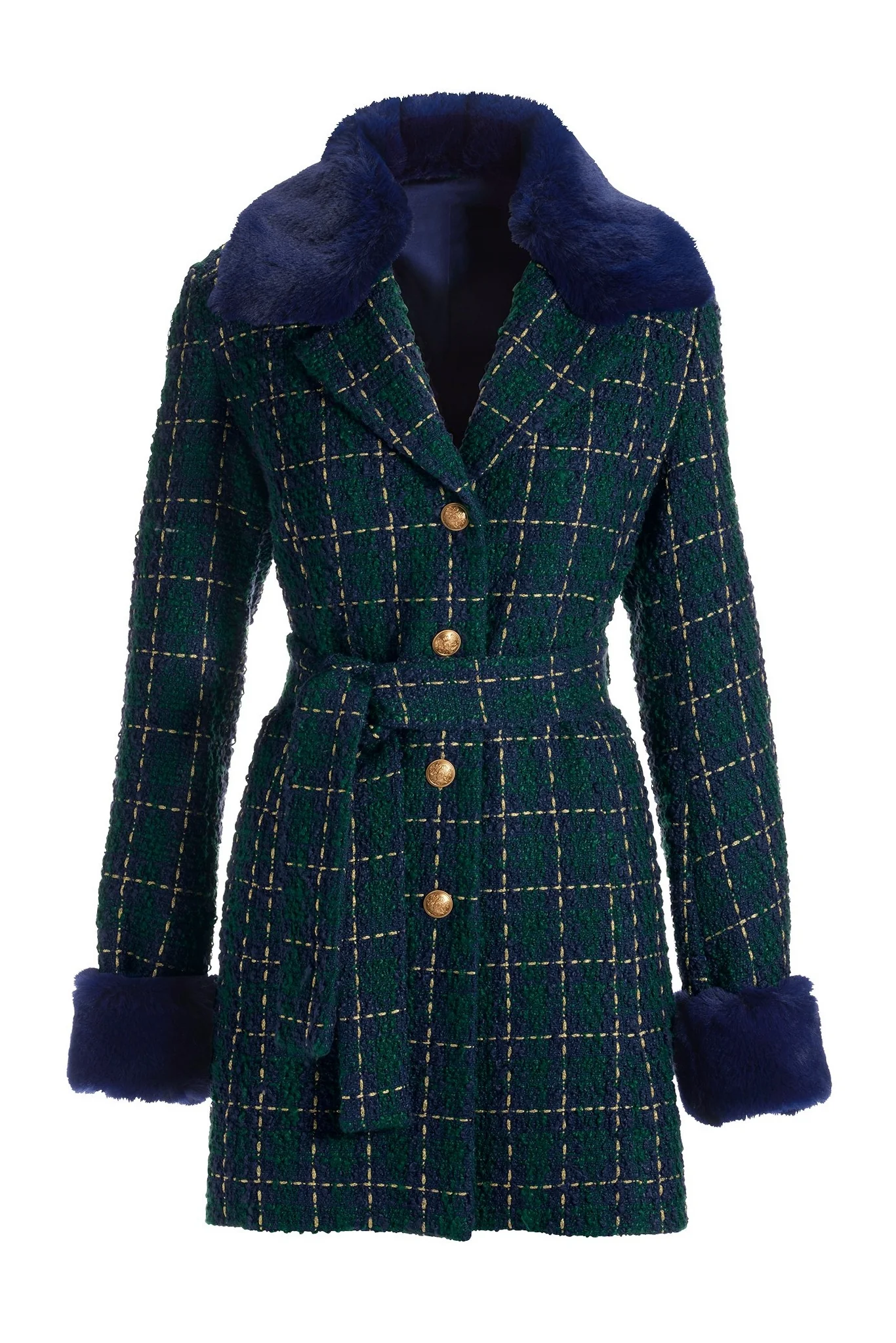 Removable Faux-Fur Trim Tweed Jacket Navy Multi - Mycitystee