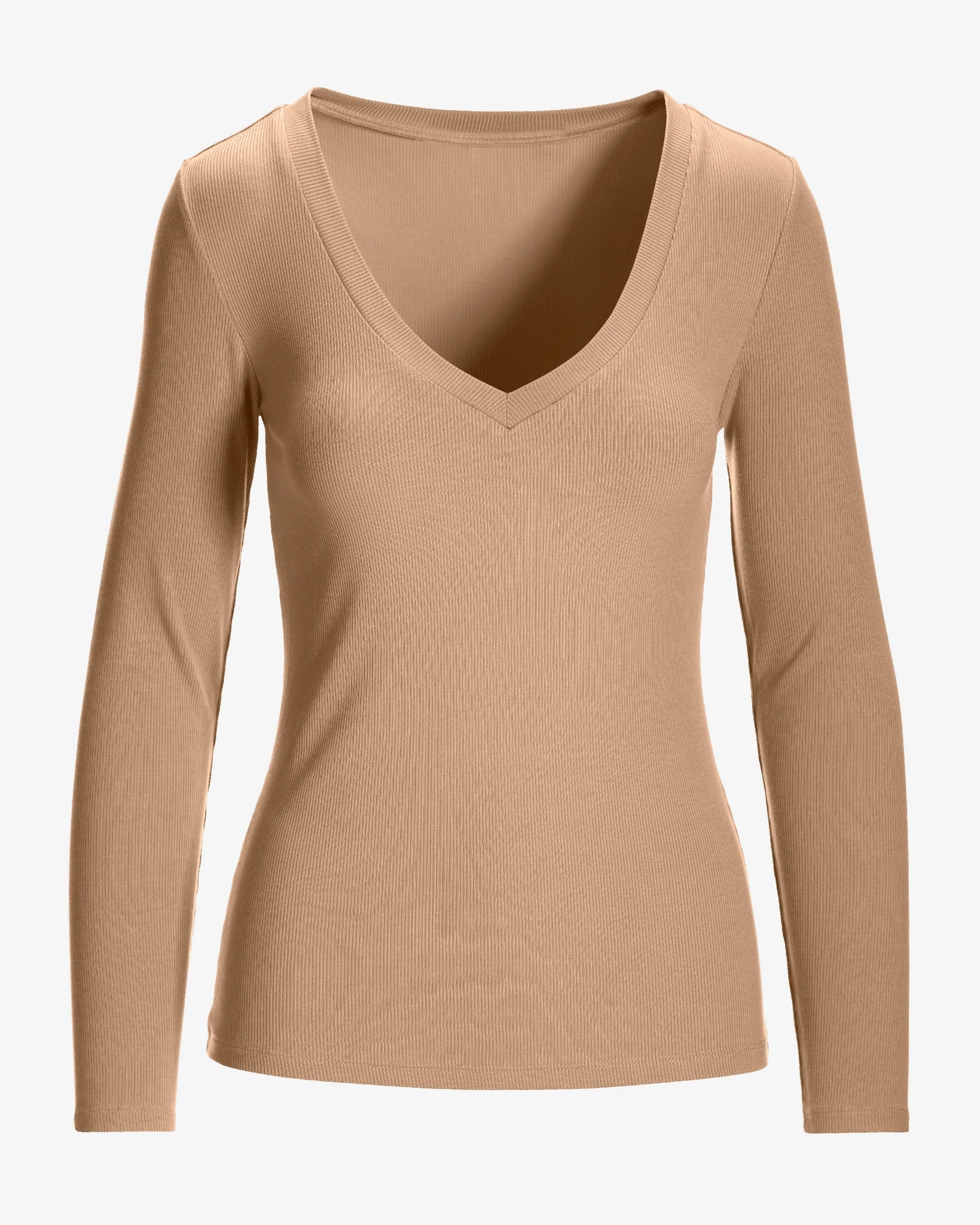 So Essential Ribbed V Neck Long Sleeve Top Sesame - Mycitystee