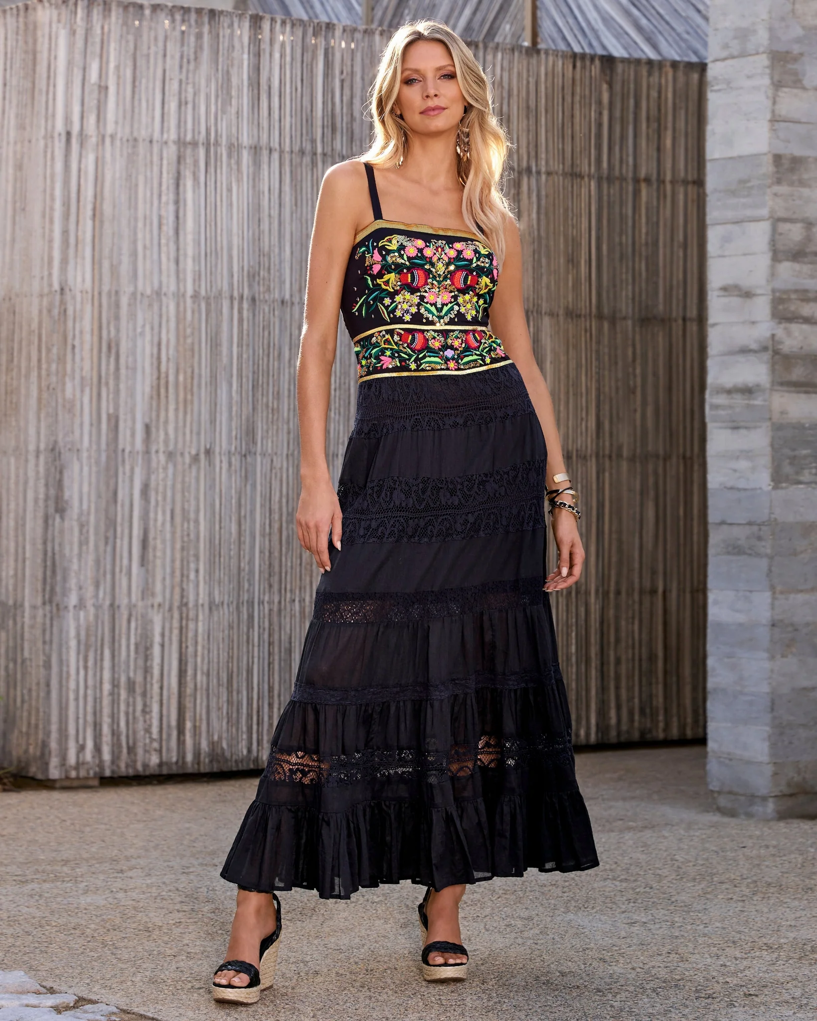 Sequin and Embroidered Lace Inset Maxi Black Multi - Mycitystee