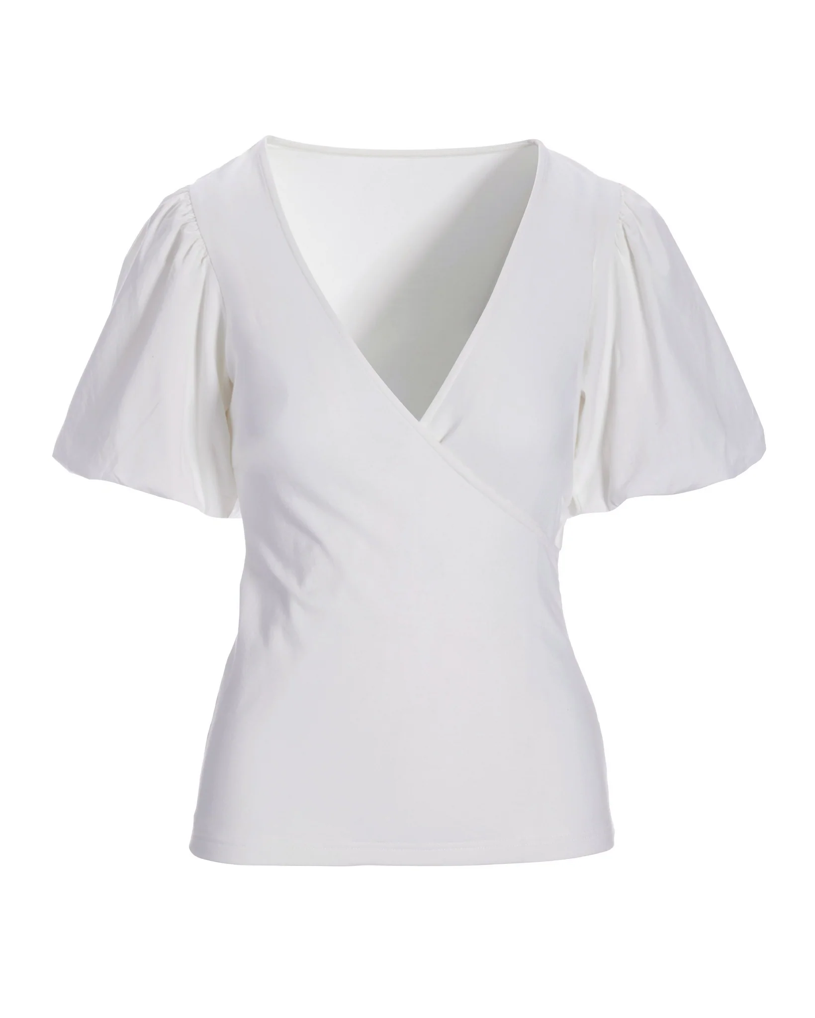 Poplin Puff-Sleeve Surplice Knit Top White - Mycitystee