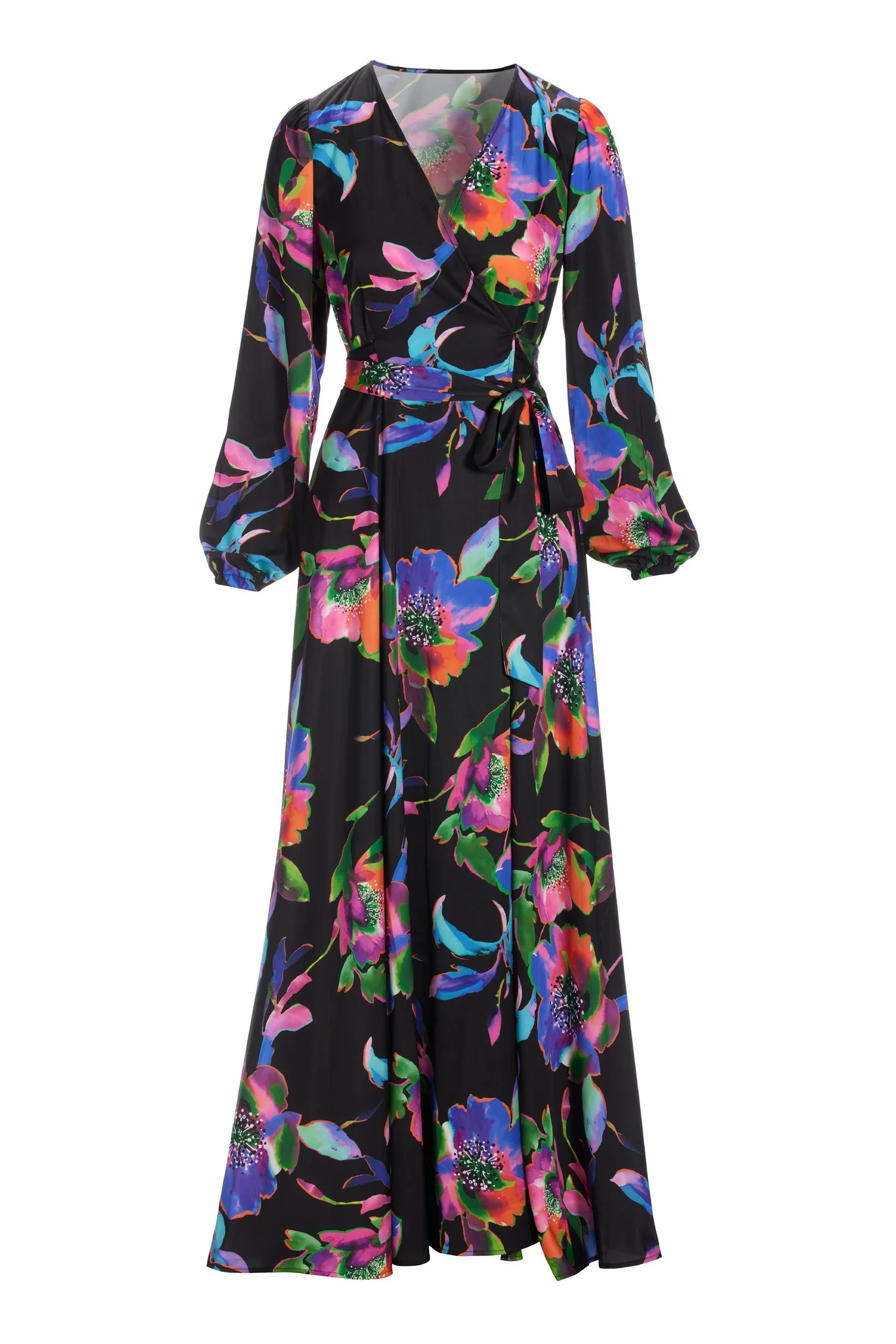 Exploded Garden Print Charmeuse Wrap Maxi Dress Black multi - Mycitystee