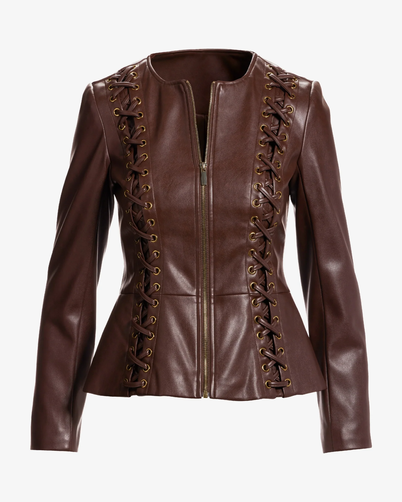 Faux Leather Lace Up Grommet Collarless Peplum Jacket Chocolate - Mycitystee