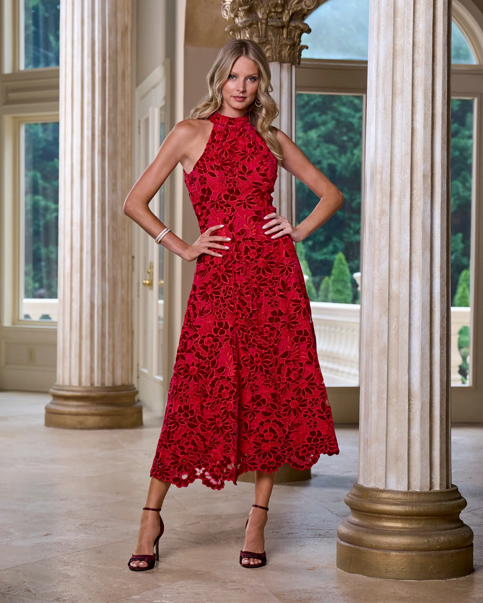 Crystal Embellished Mesh Ankle Strap Heel Burgundy - Mycitystee