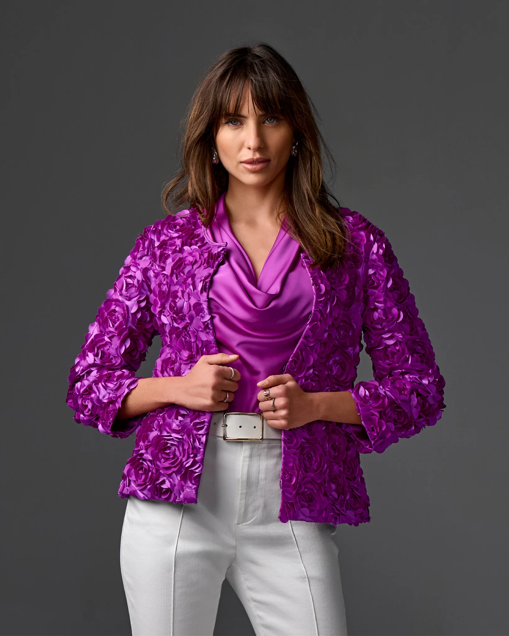 Rosette three quarter sleeve Jacket Purple Cactus Flower - Mycitystee