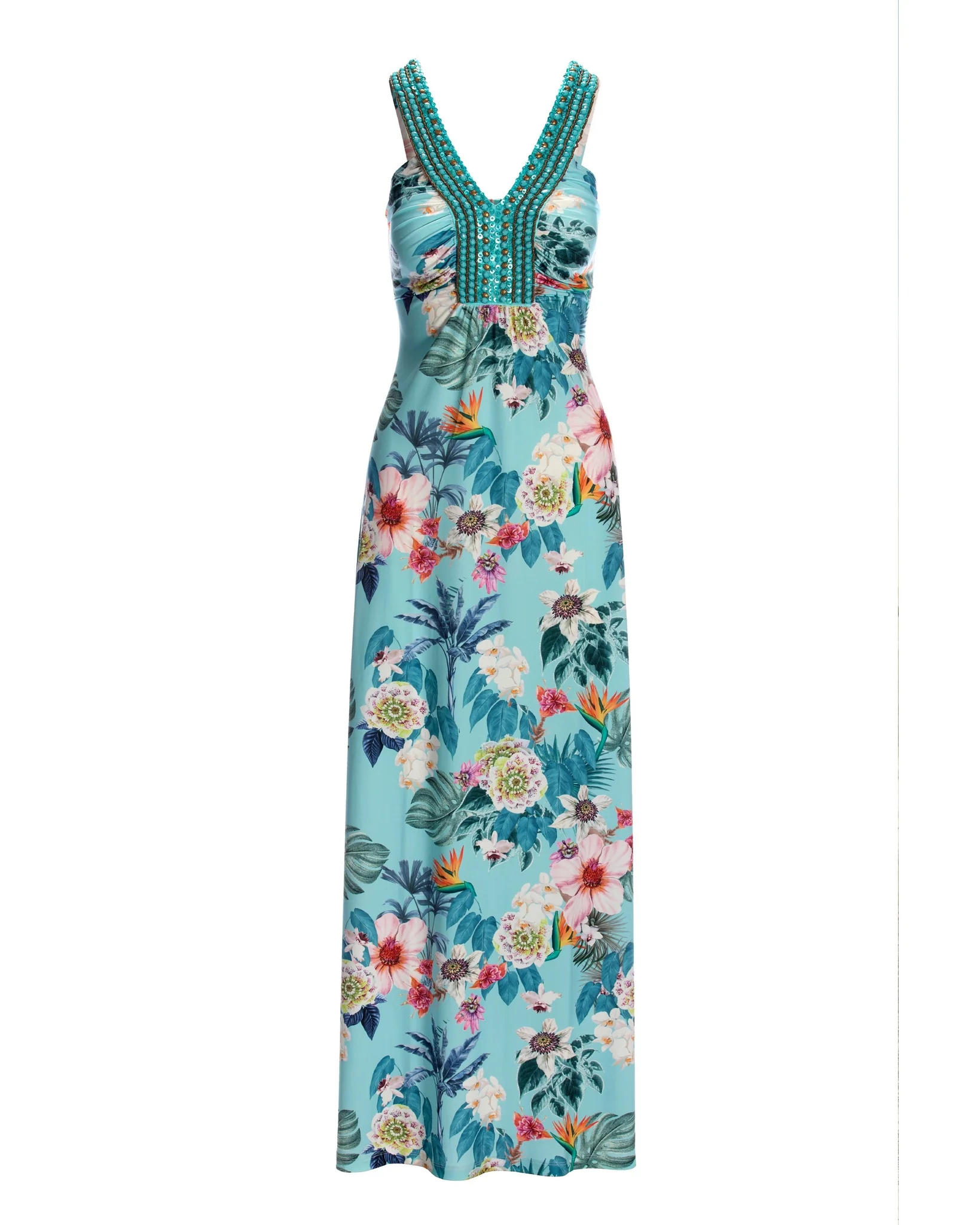 Barcelona Florals Print Embellished Knit Maxi Dress Aqua - Mycitystee