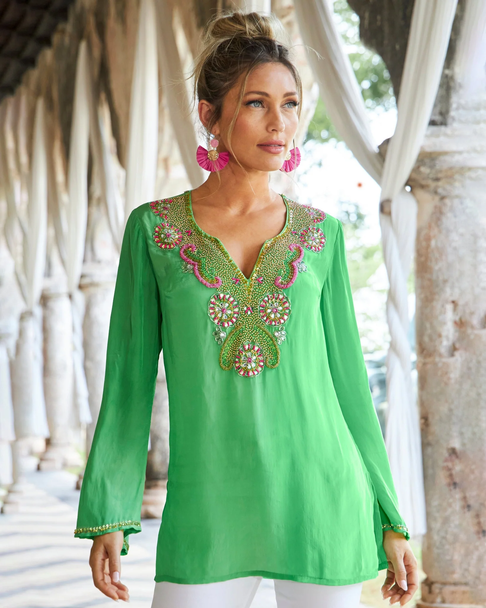 Novelty Beaded V-Neck Tunic Top Green - Mycitystee
