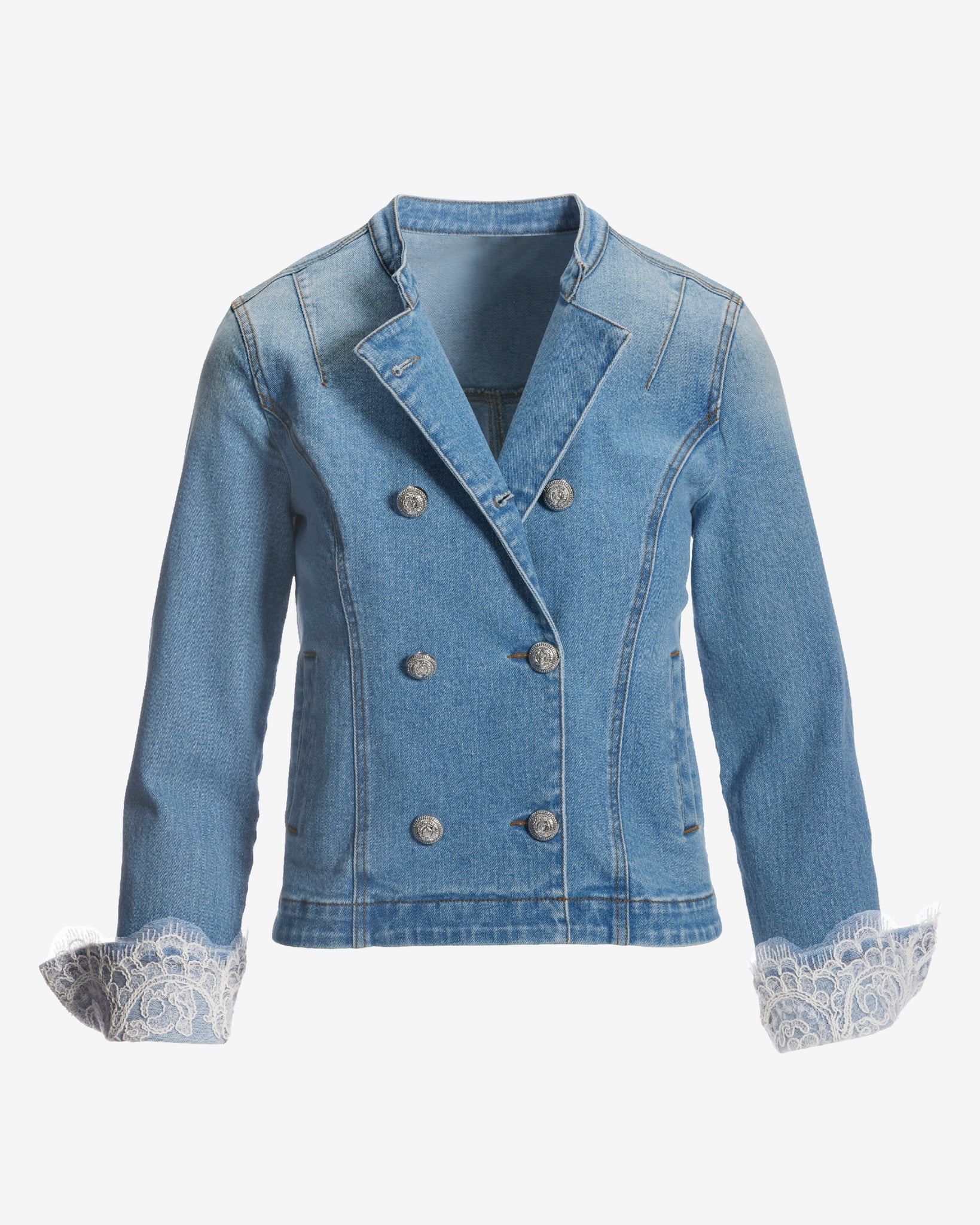 Double Breasted Lace Trim Denim Jacket Medium Wash - Mycitystee