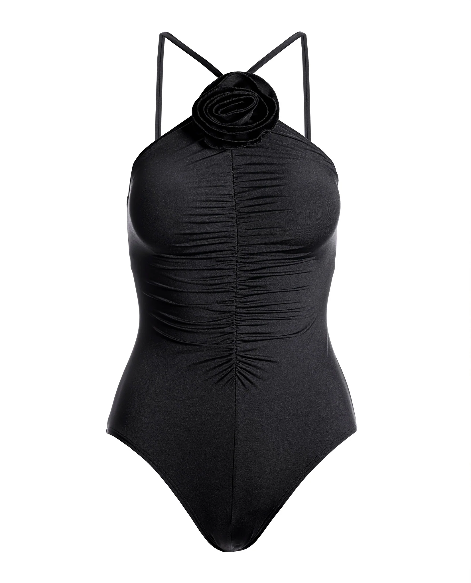 Rosette High Neck Ruched One Piece Black - Mycitystee