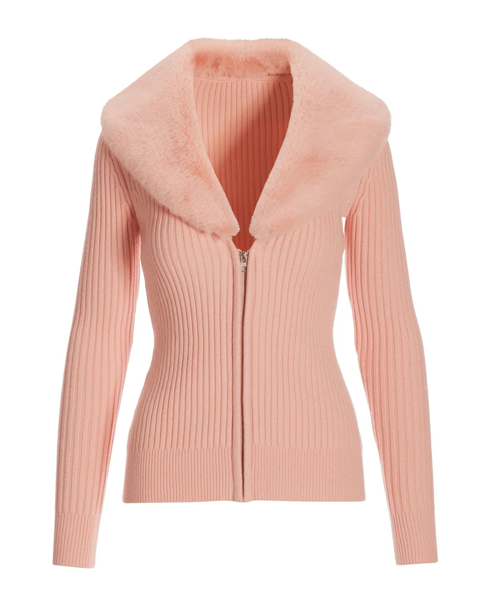 Faux-Fur Collar Zip Cardigan Sweater Light Pink - Mycitystee