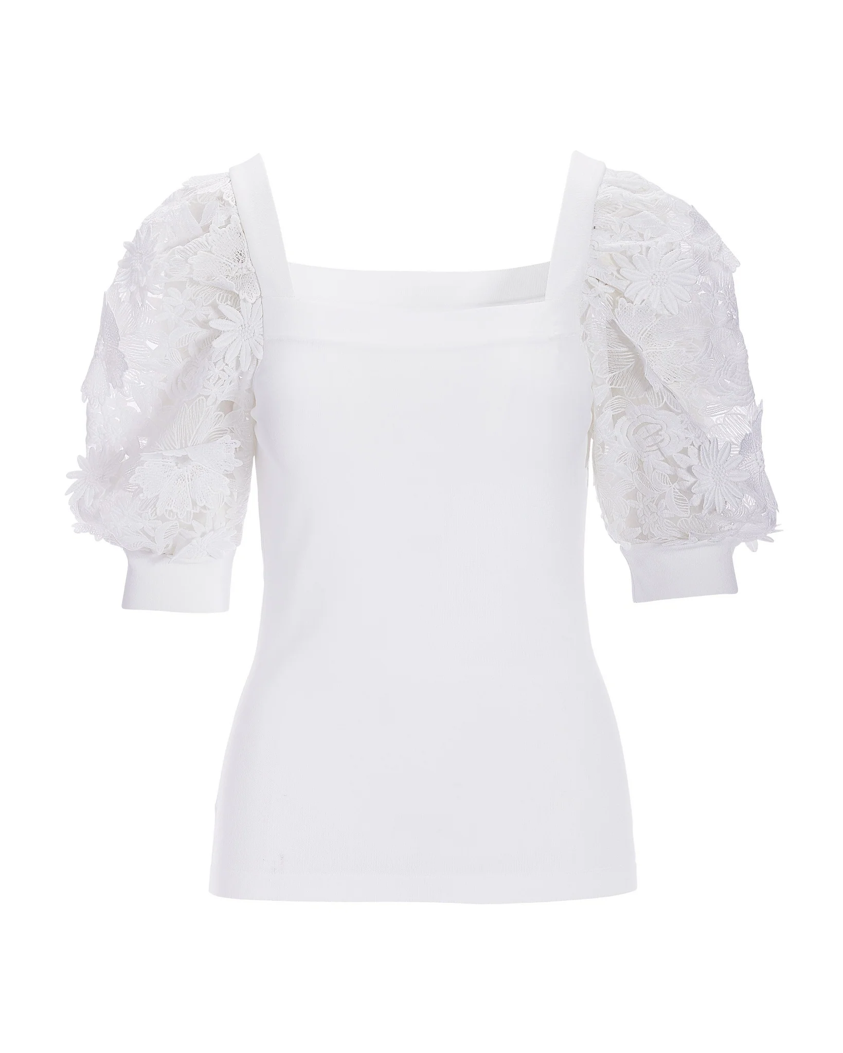 Floral Organza Sleeve Square Neck Sweater White - Mycitystee