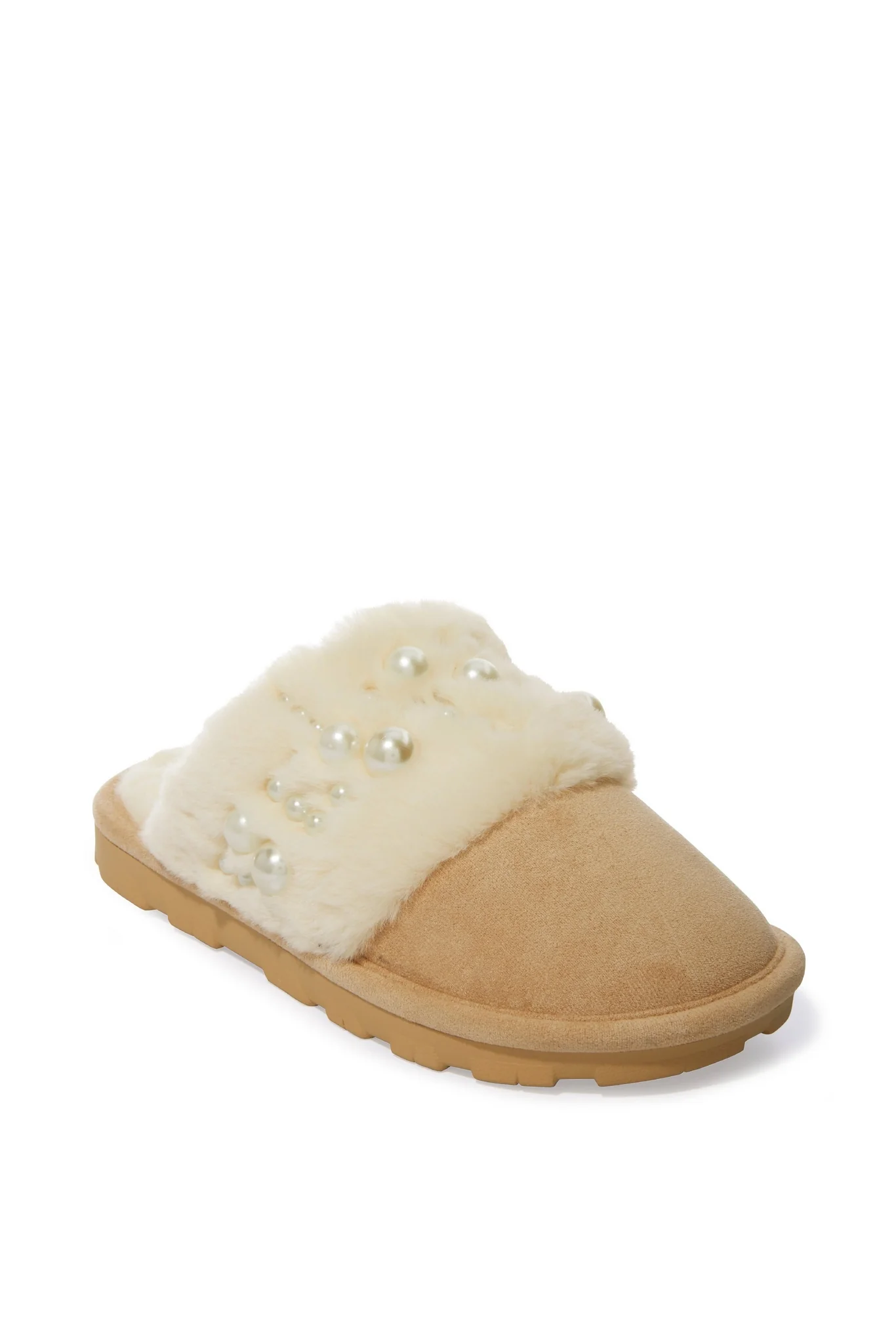 Faux-Fur And Pearl Cozy Slipper Off White - Mycitystee