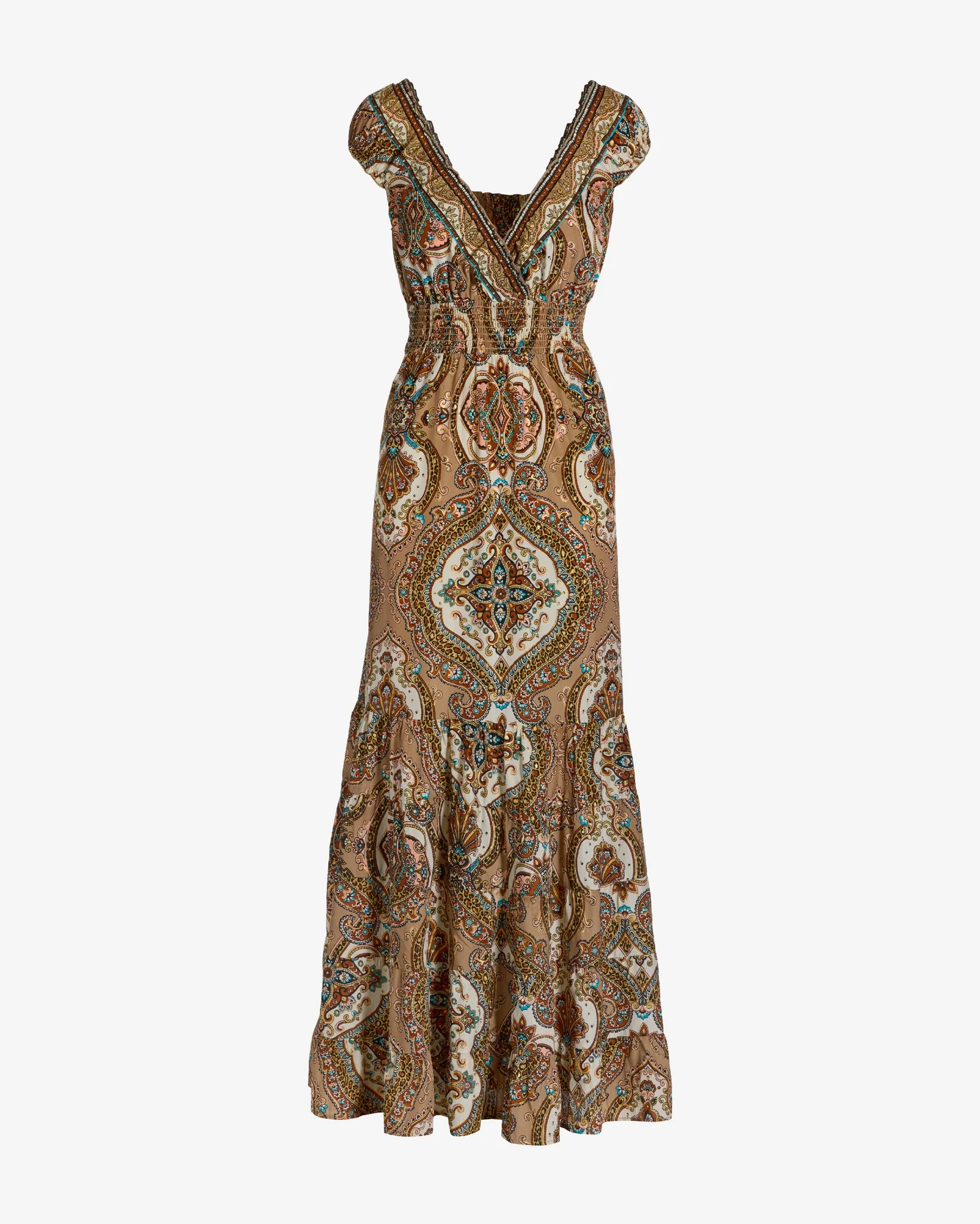 Foil Metallic Print Tiered Maxi Dress Festive Medallion - Mycitystee