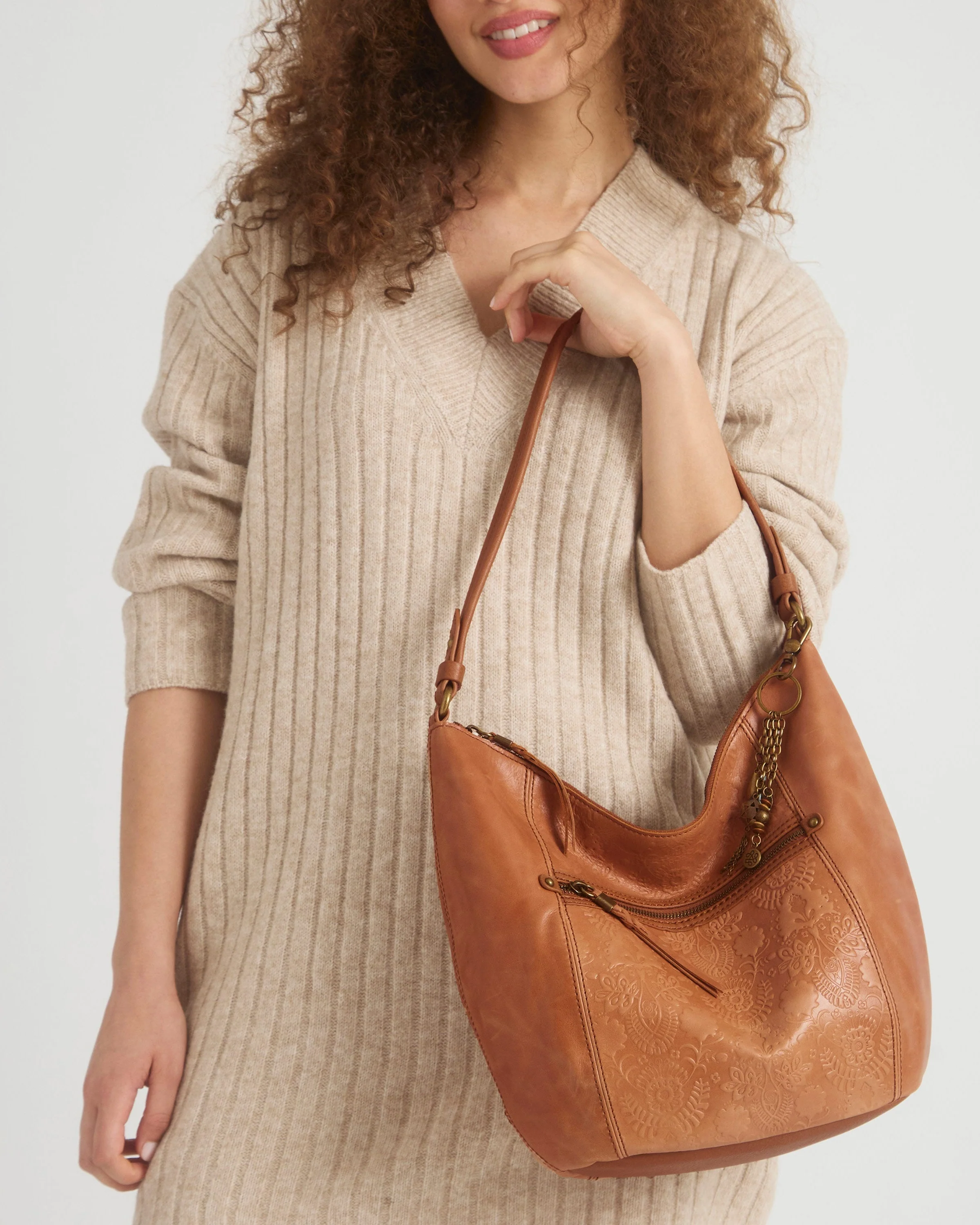 Sequoia Hobo - Leather - Tobacco Floral Embossed - Mycitystee