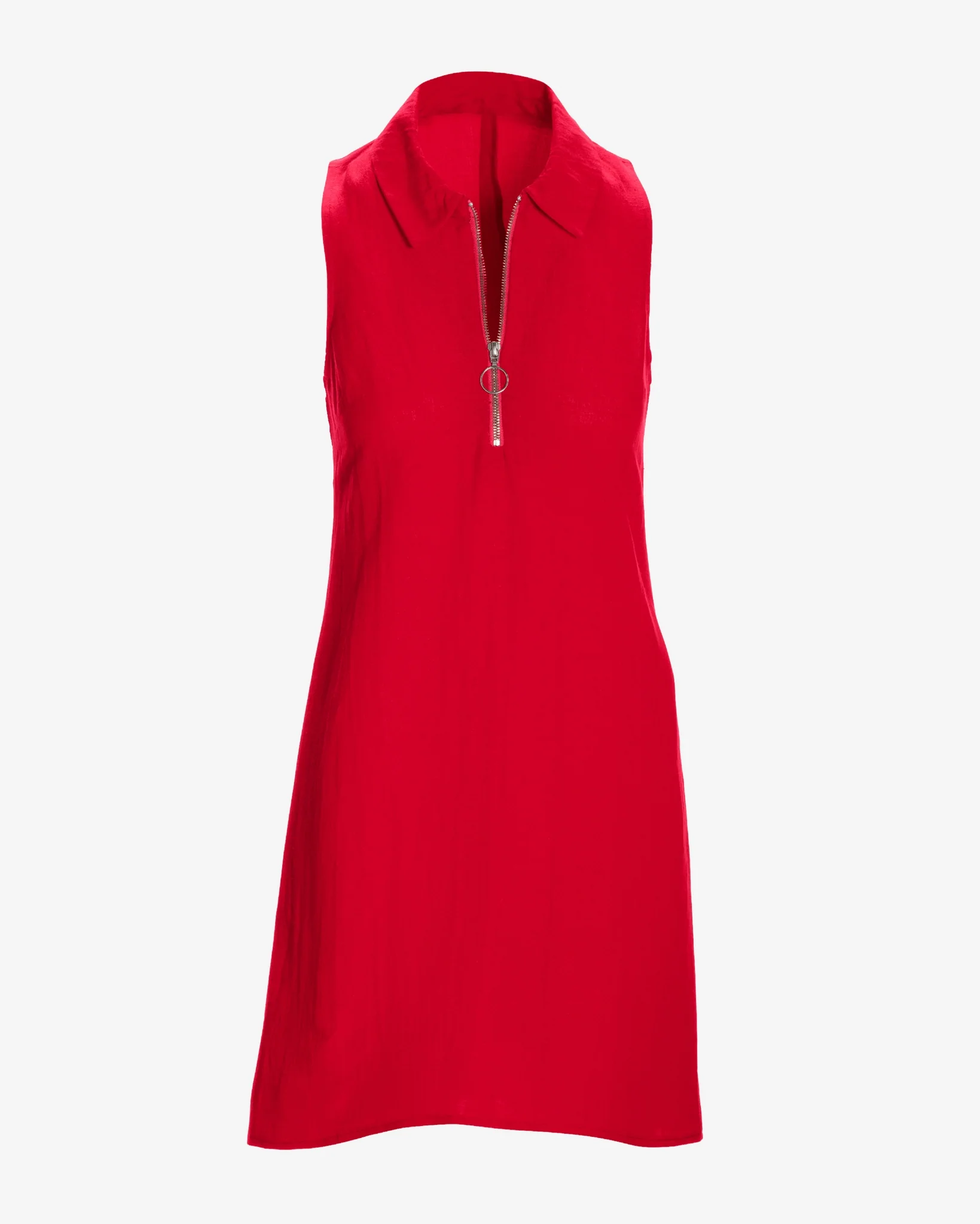 Zip Detail Linen Collared Shift Dress True Red - Mycitystee
