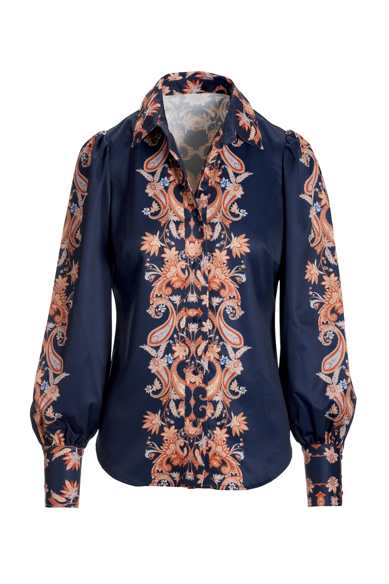 Paisley Scroll Print Victoria Chic Drama Sleeve Shirt Navy - Mycitystee