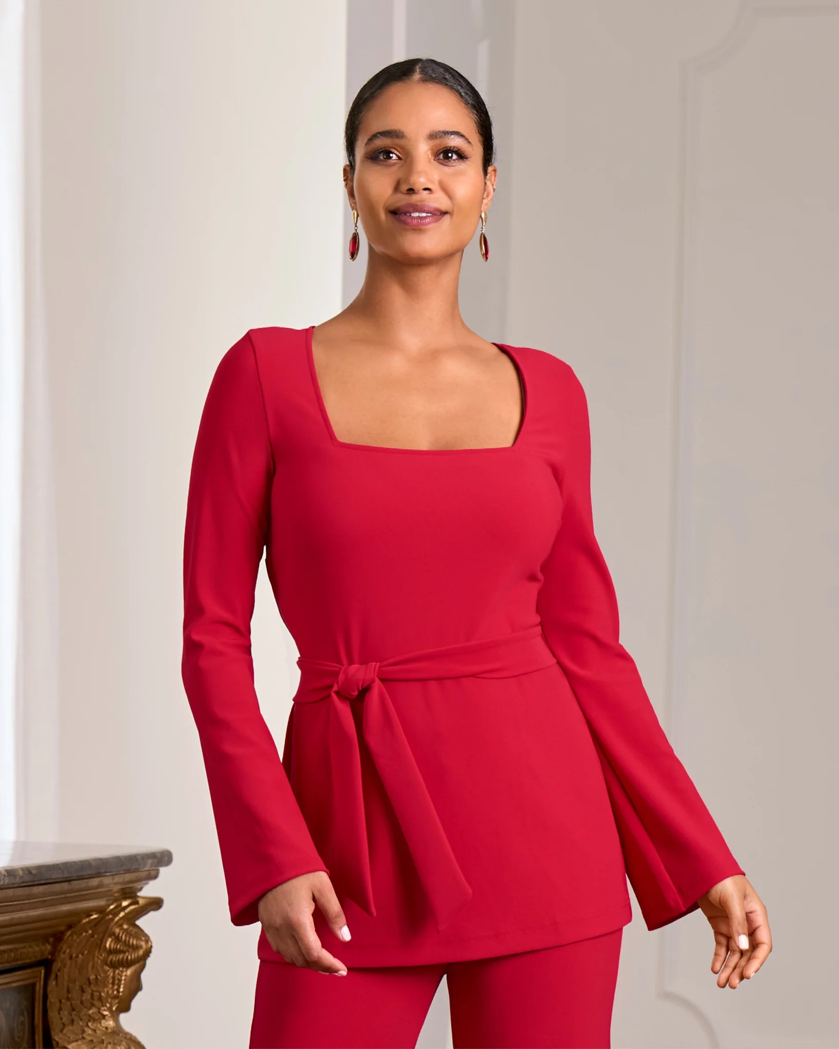 Beyond Travel Square Neck Tie Waist Top French Kiss - Mycitystee