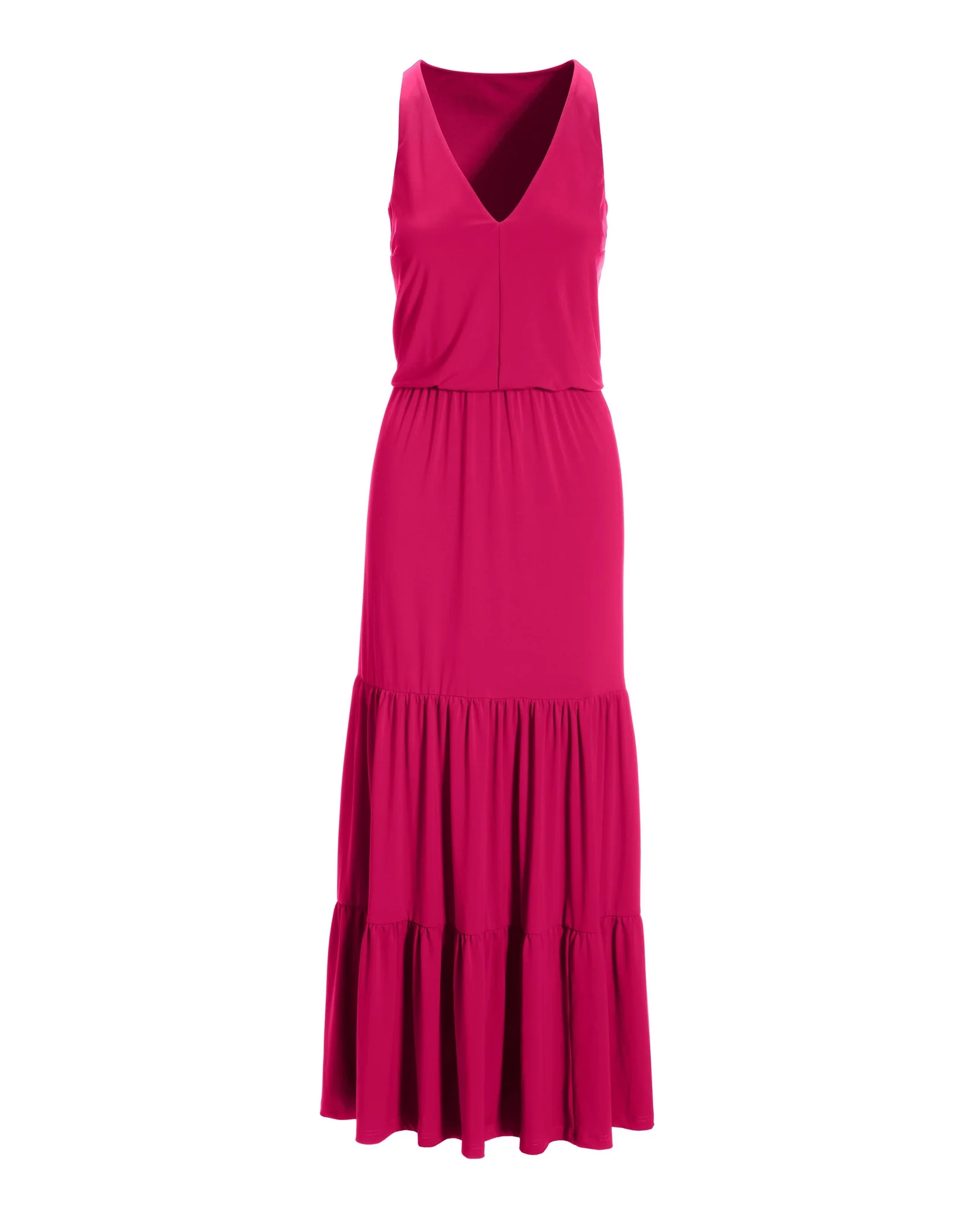 V Neck Blouson Tiered Knit Maxi Dress Raspberry - Mycitystee