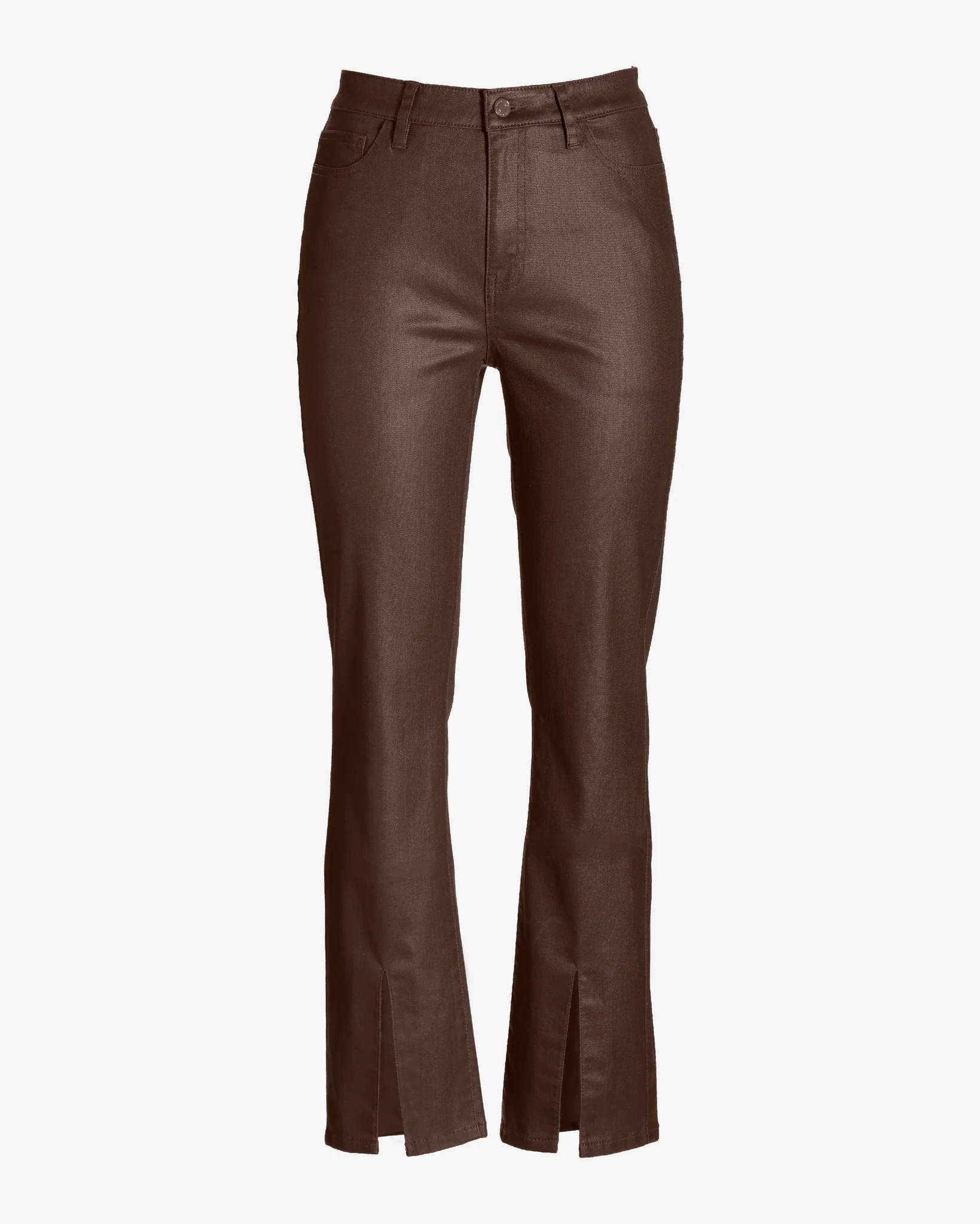 Newport High Rise Slit Front Coated Slim Straight Jean Chocolate - Mycitystee