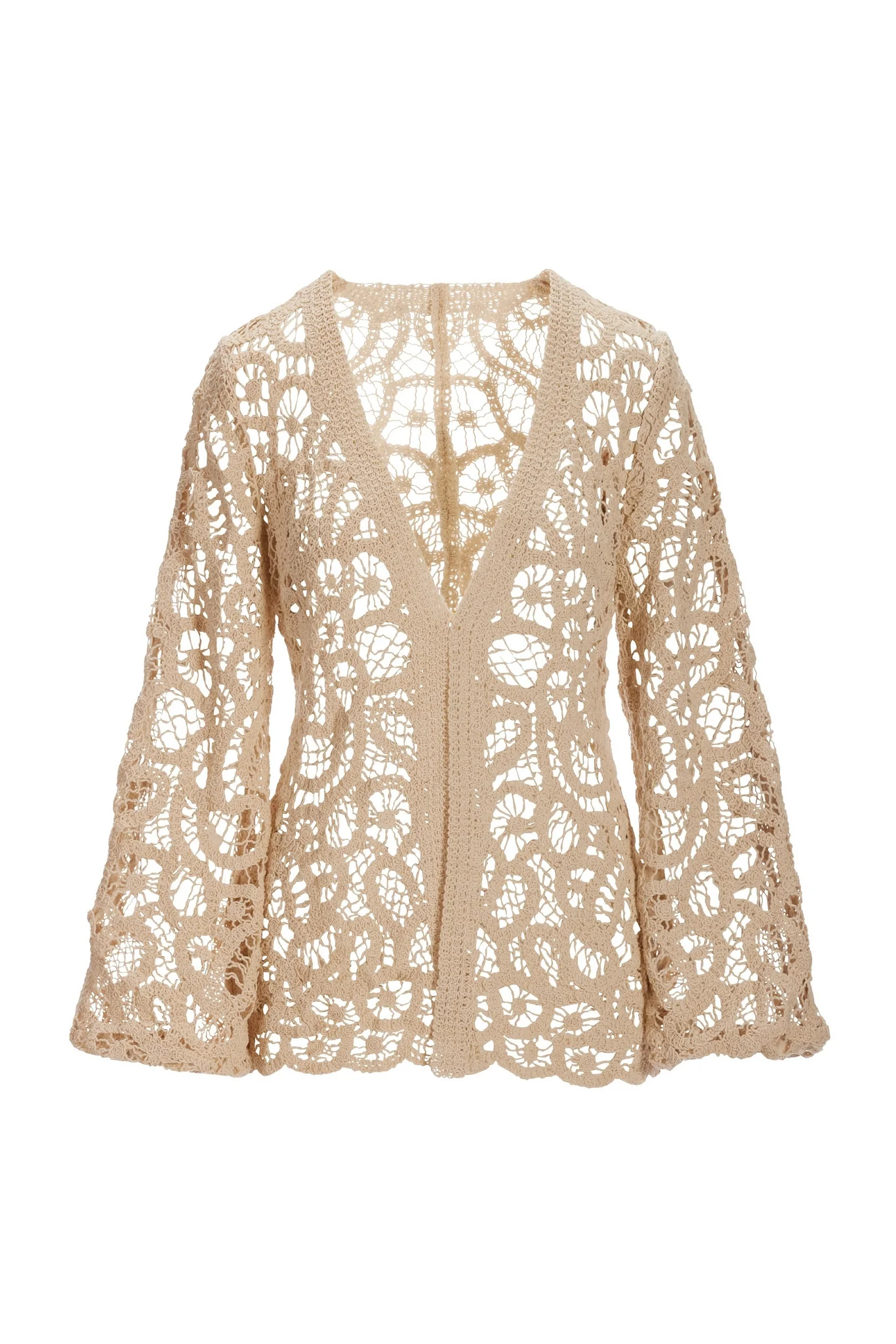 Transitional Balloon Sleeve Crochet Hip Length Duster Tan - Mycitystee