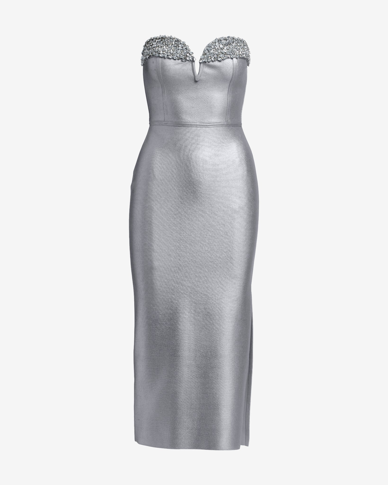 Crystal Embellished Metallic Bandage Midi Dress Silver - Mycitystee