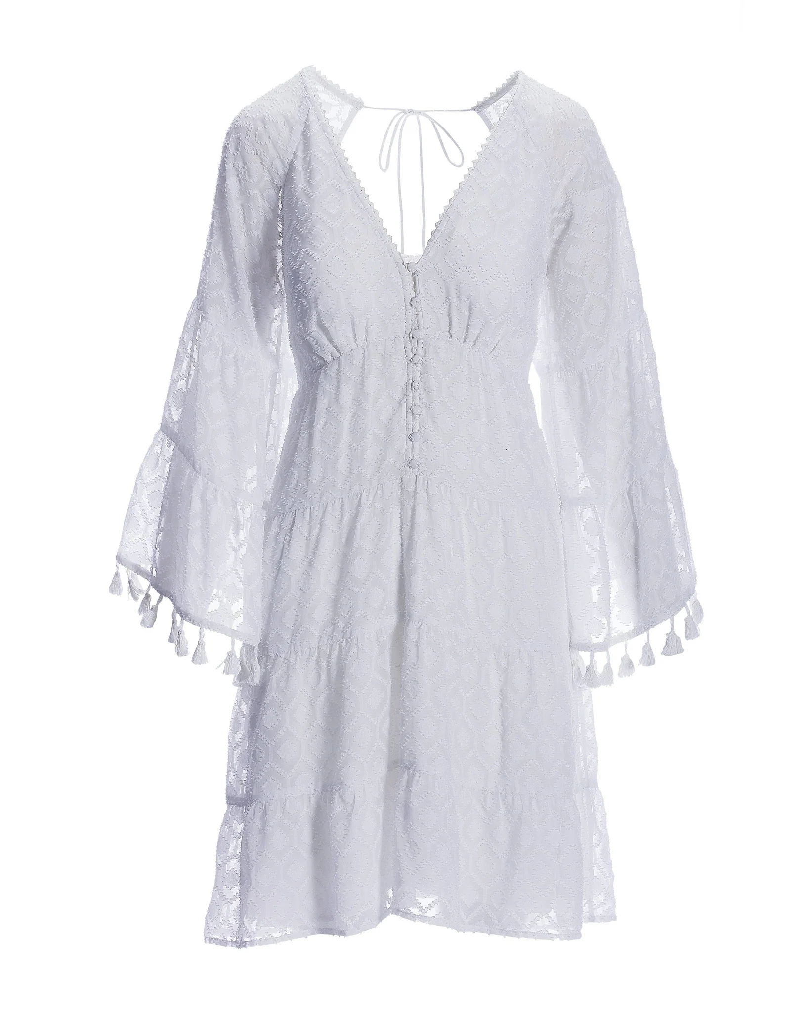 Long Sleeve Novelty Fabric Tassel Trim Dress White - Mycitystee