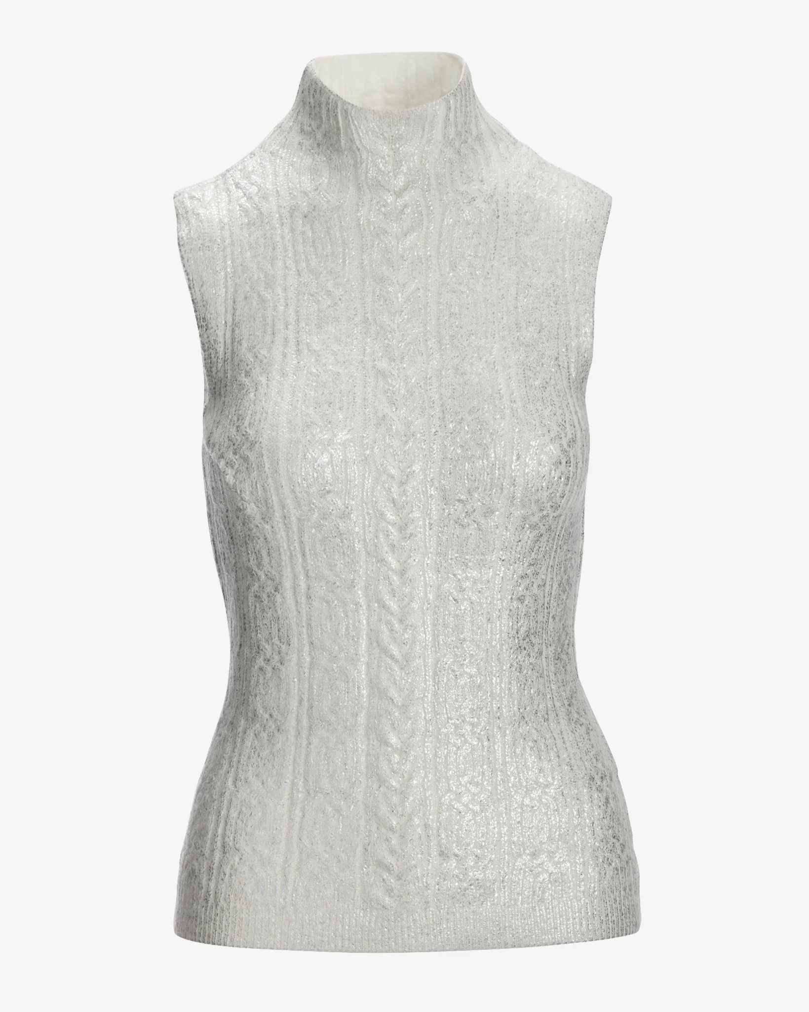 Foil Cable Sleeveless Mock Neck Sweater Off White Silver - Mycitystee