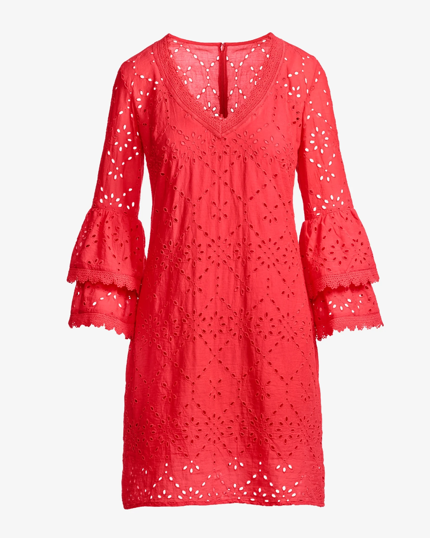 Lace Trim Tiered Sleeve Eyelet Shift Dress Hibiscus - Mycitystee