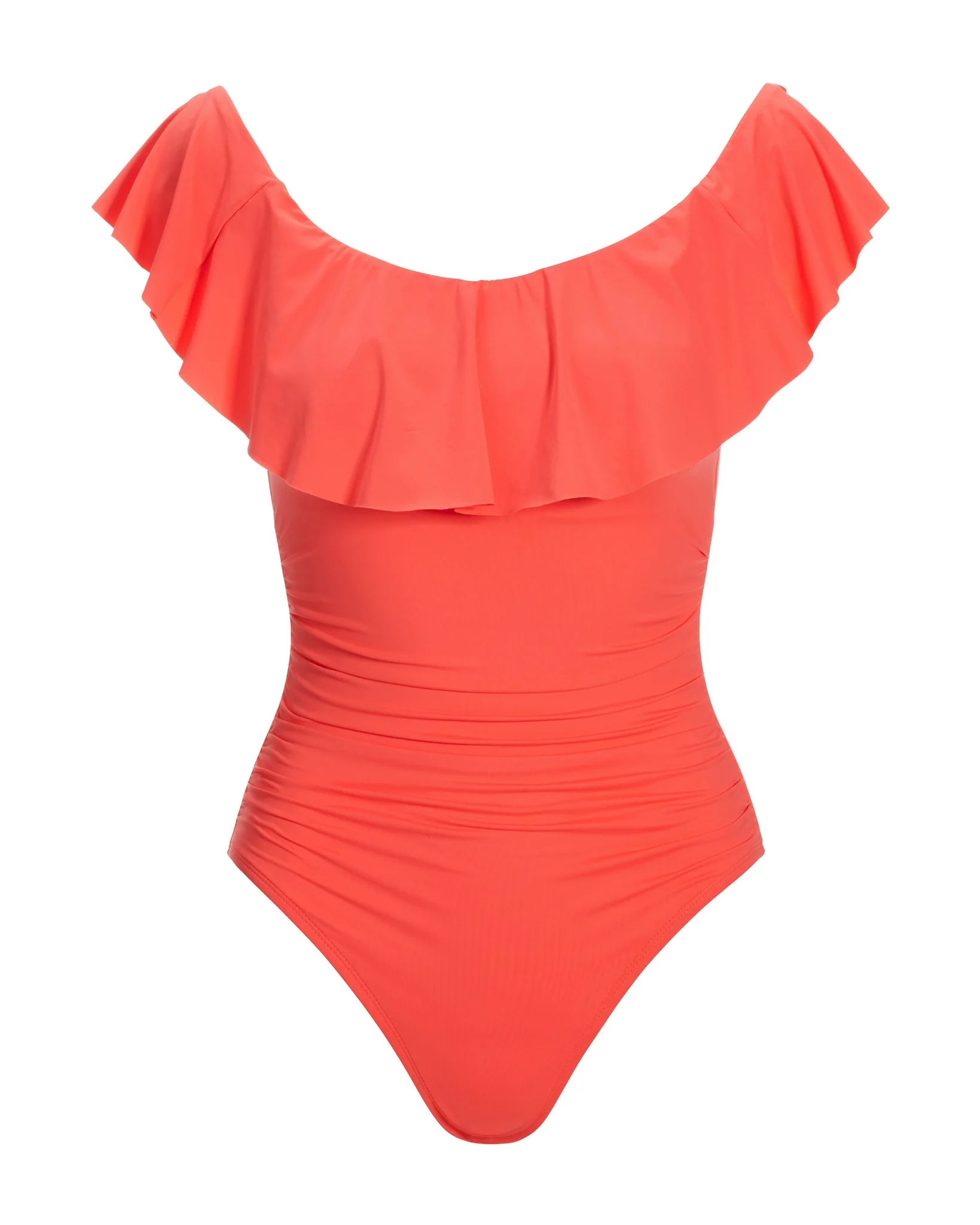 Off-The-Shoulder Lace-Up Back Ruffle One-Piece Swimsuit Hot Coral - Mycitystee