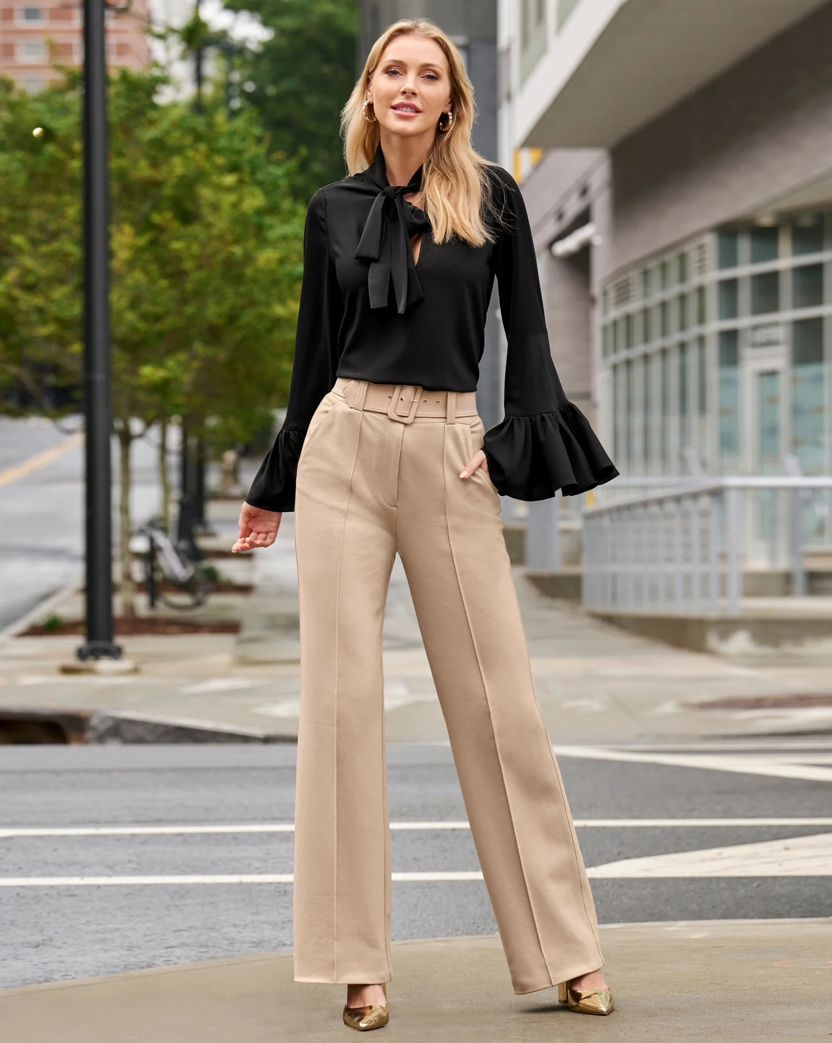 Malibu Belted Ponte High Waist Wide Leg Trouser Pant Sesame - Mycitystee