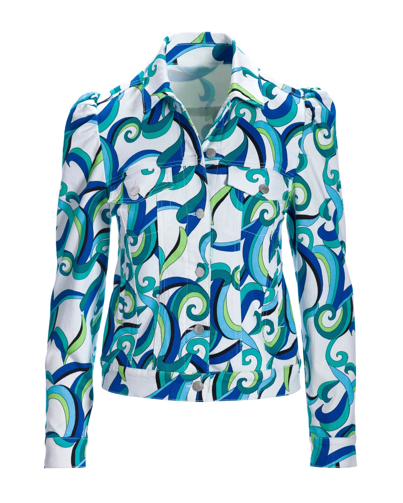 Spain Abstract Print Denim Puff Sleeve Jacket Multi - Mycitystee