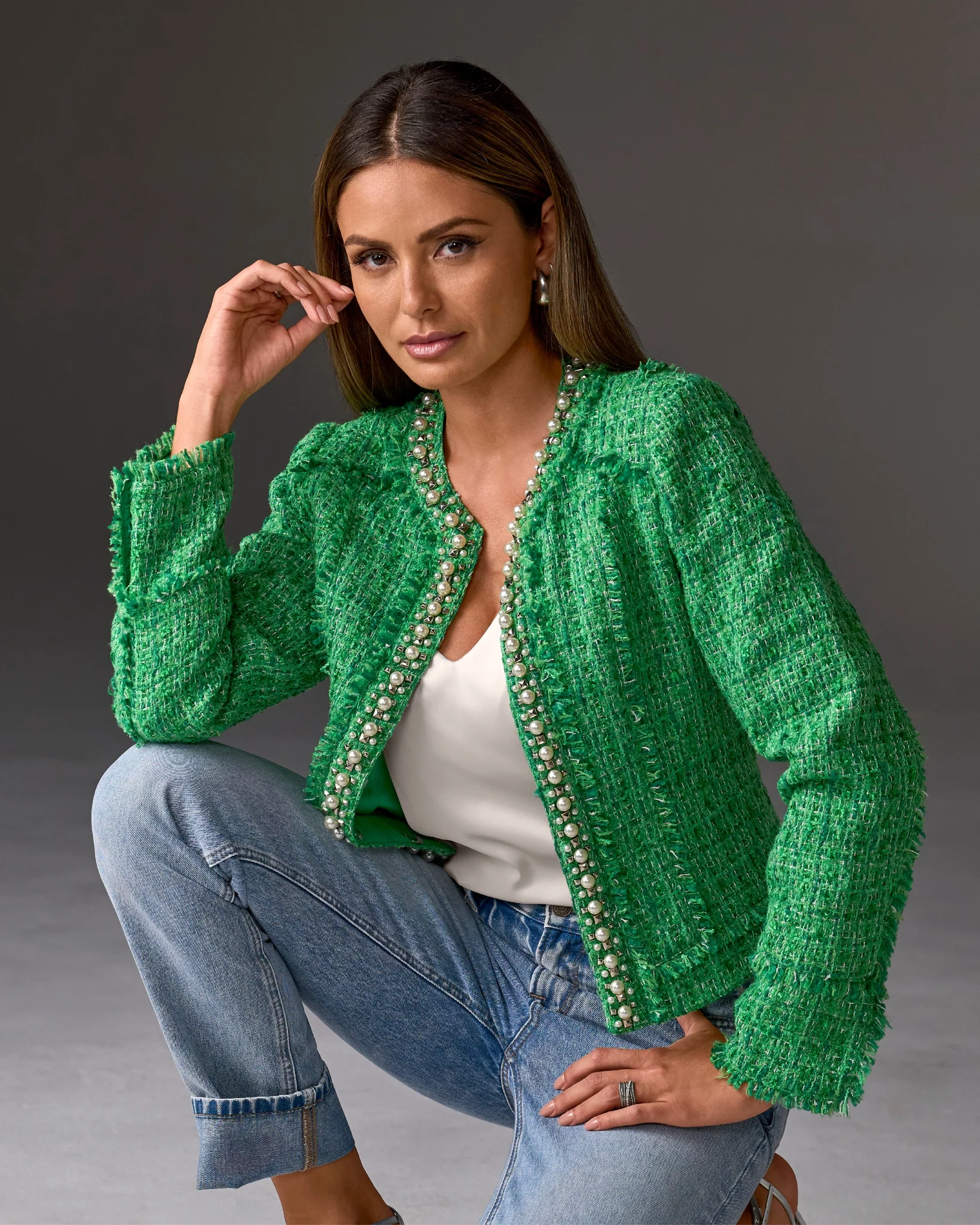 Pearl Trim Tweed Jacket Green - Mycitystee