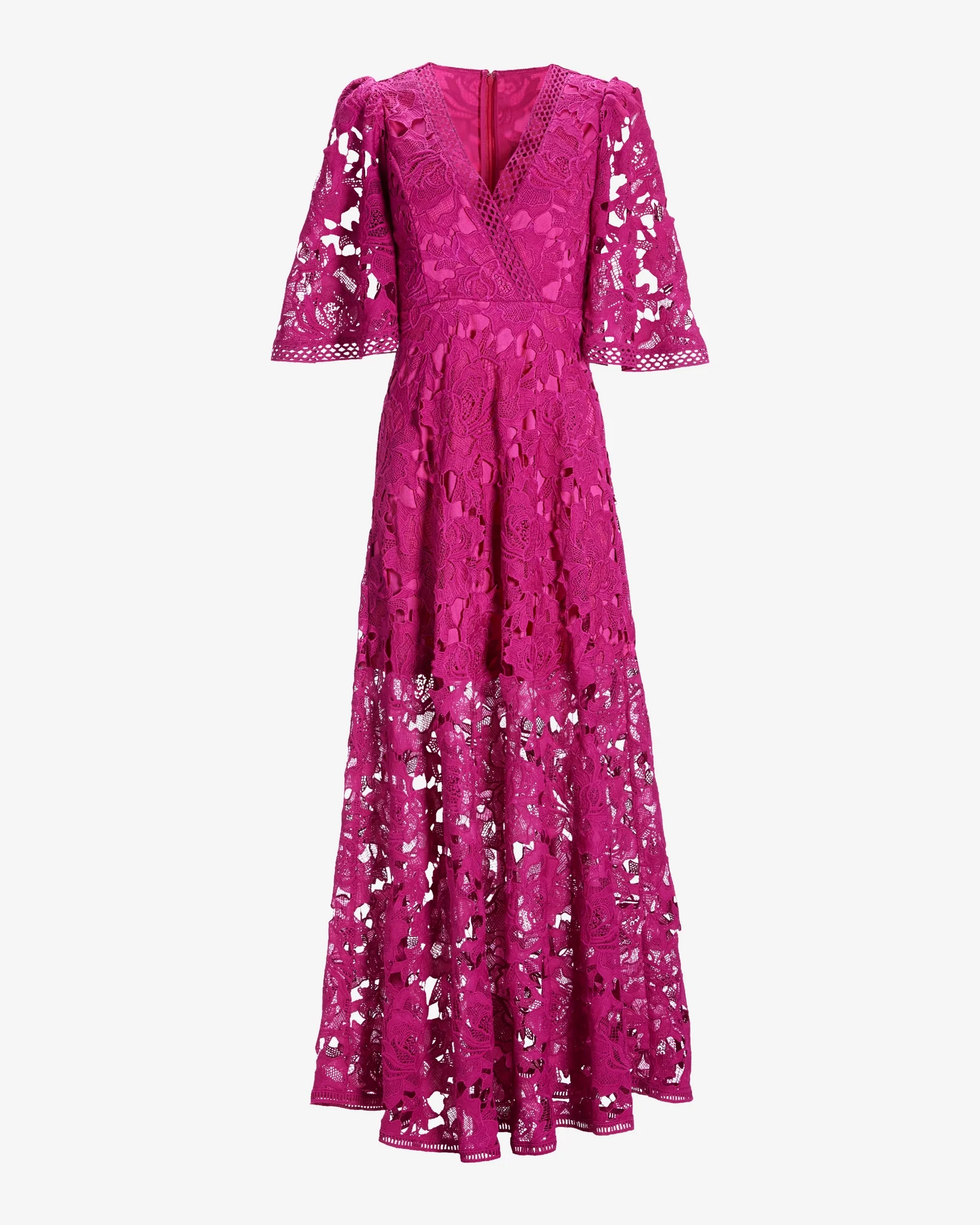 Lace Flounce Sleeve Maxi Dress Fuchsia Red - Mycitystee