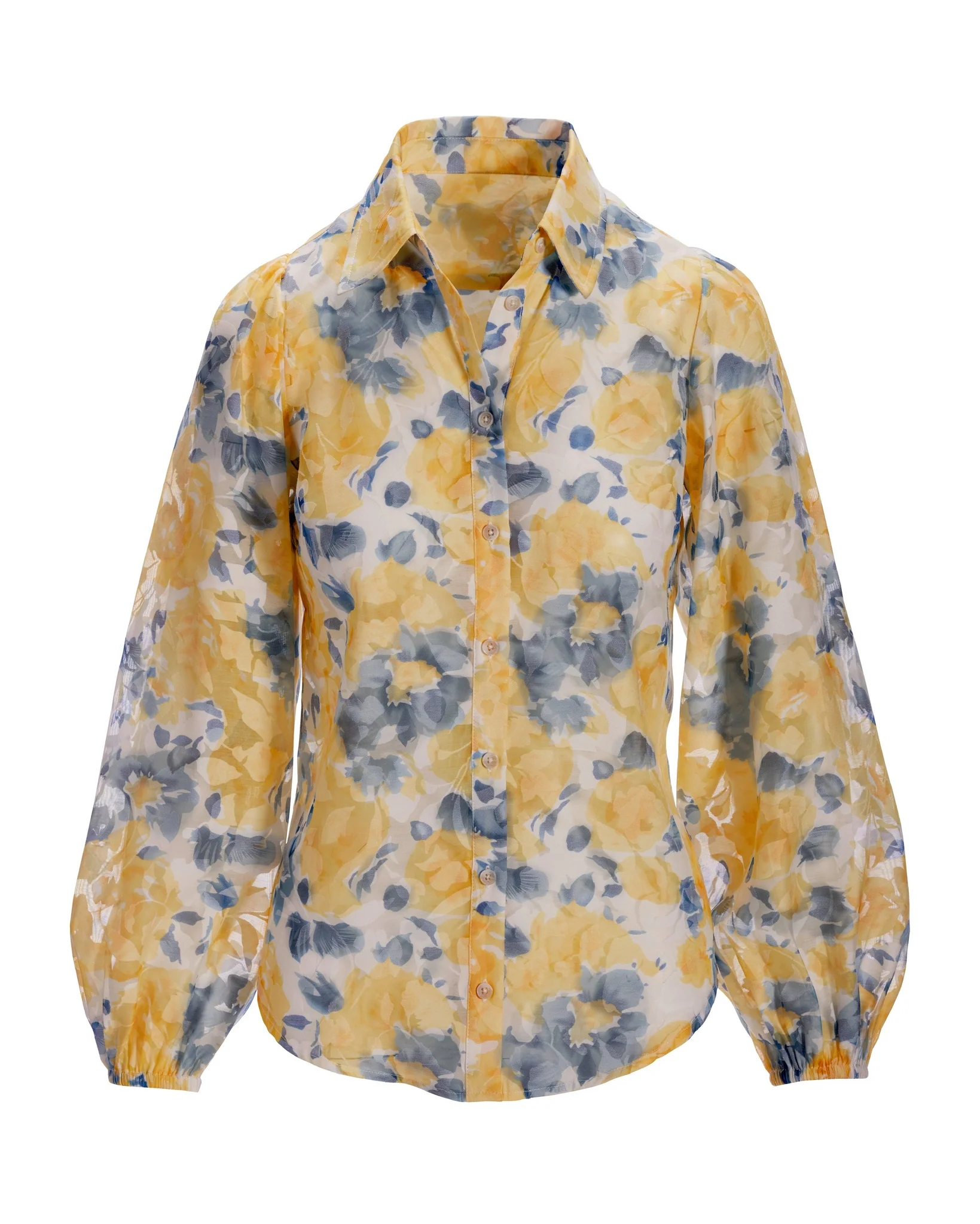 Floral Print Organza Burnout Balloon Sleeve Shirt Blue/Yellow - Mycitystee