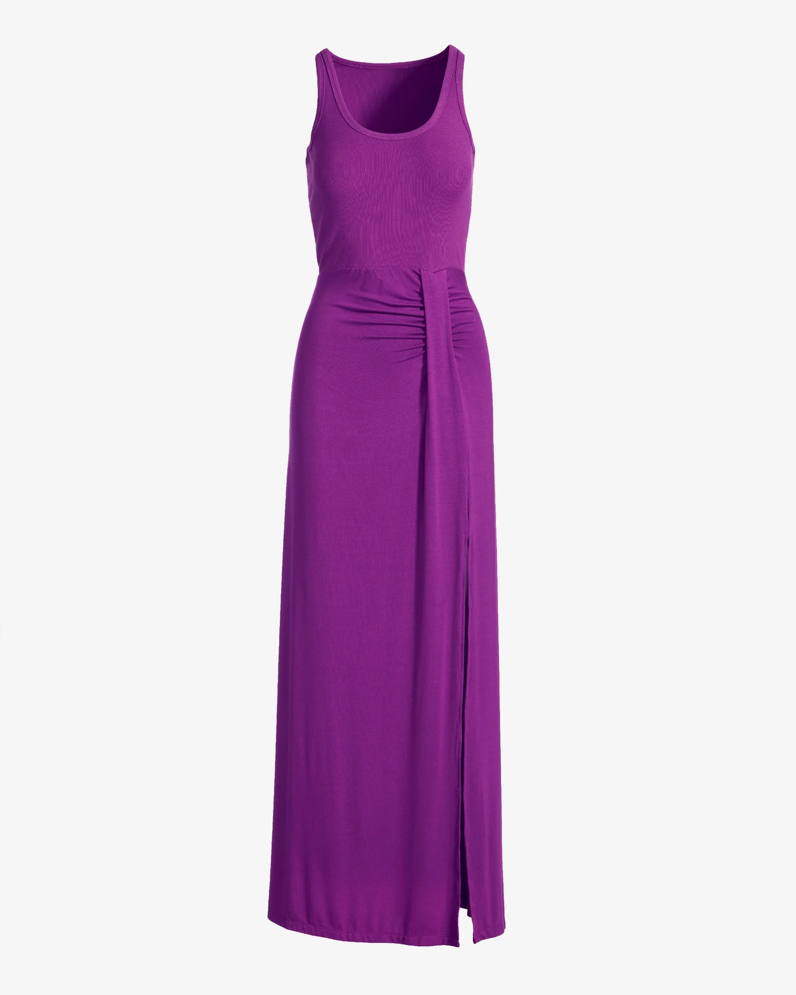 Rib Knit Mixed Media Scoop Neck Slit Maxi Dress Grape Juice - Mycitystee