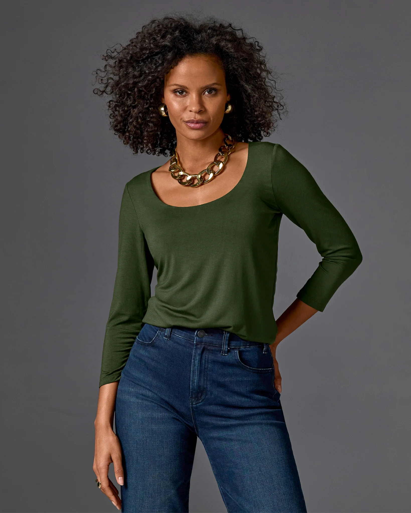 So Effortless Three Quarter Sleeve Scoop Neck Top Forest Night - Mycitystee