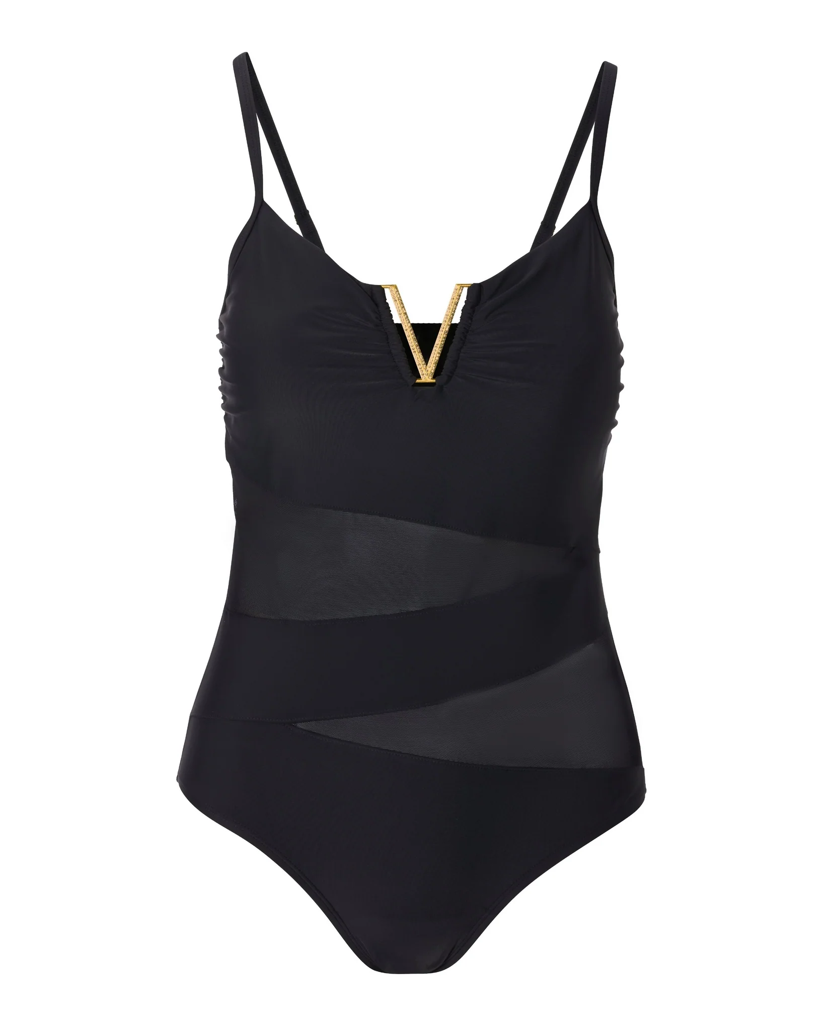 Embellished V-Neck Hardware Mesh One-Piece Swimsuit Black - Mycitystee