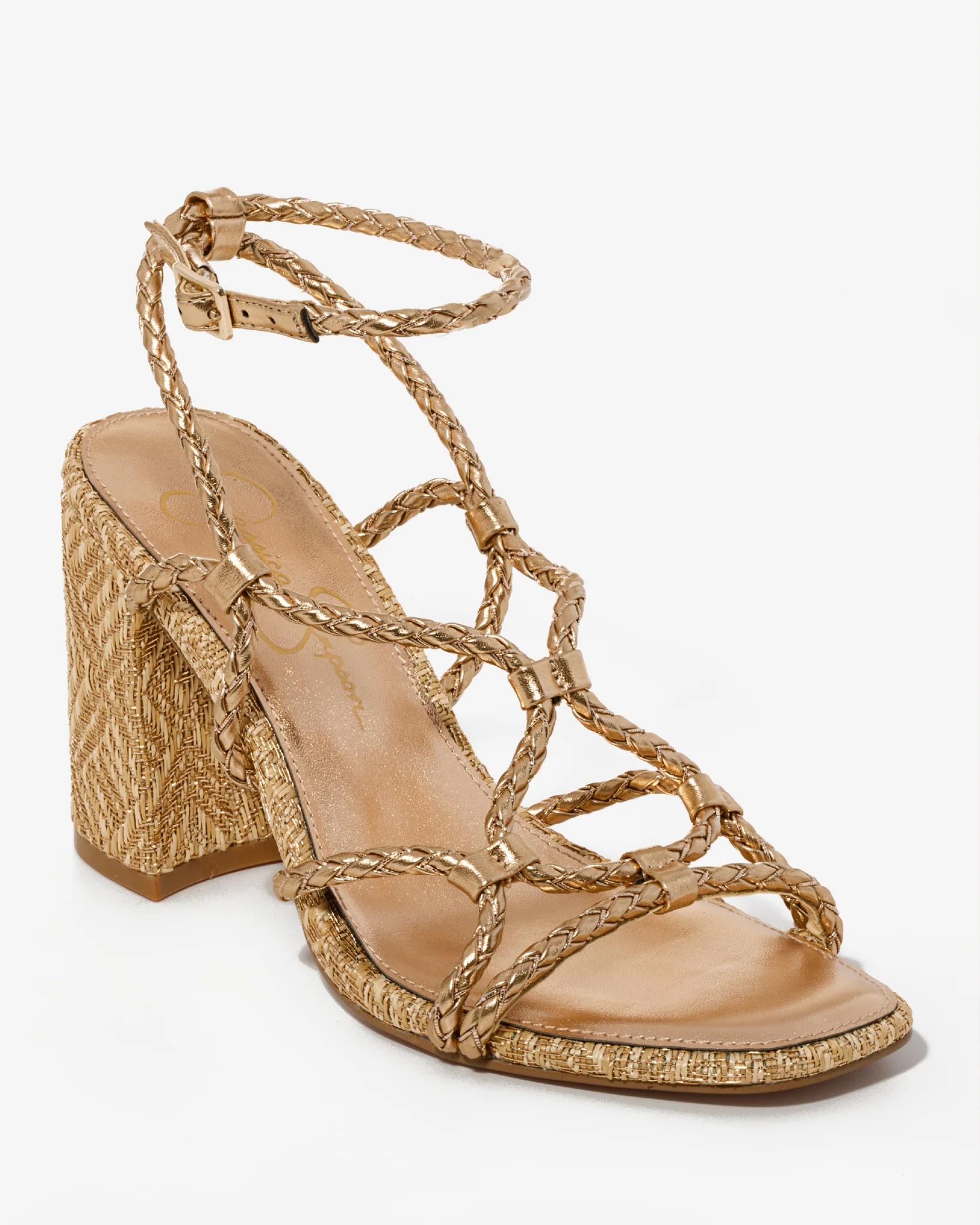 Braided Strappy Metallic Block Heel Brass - Mycitystee