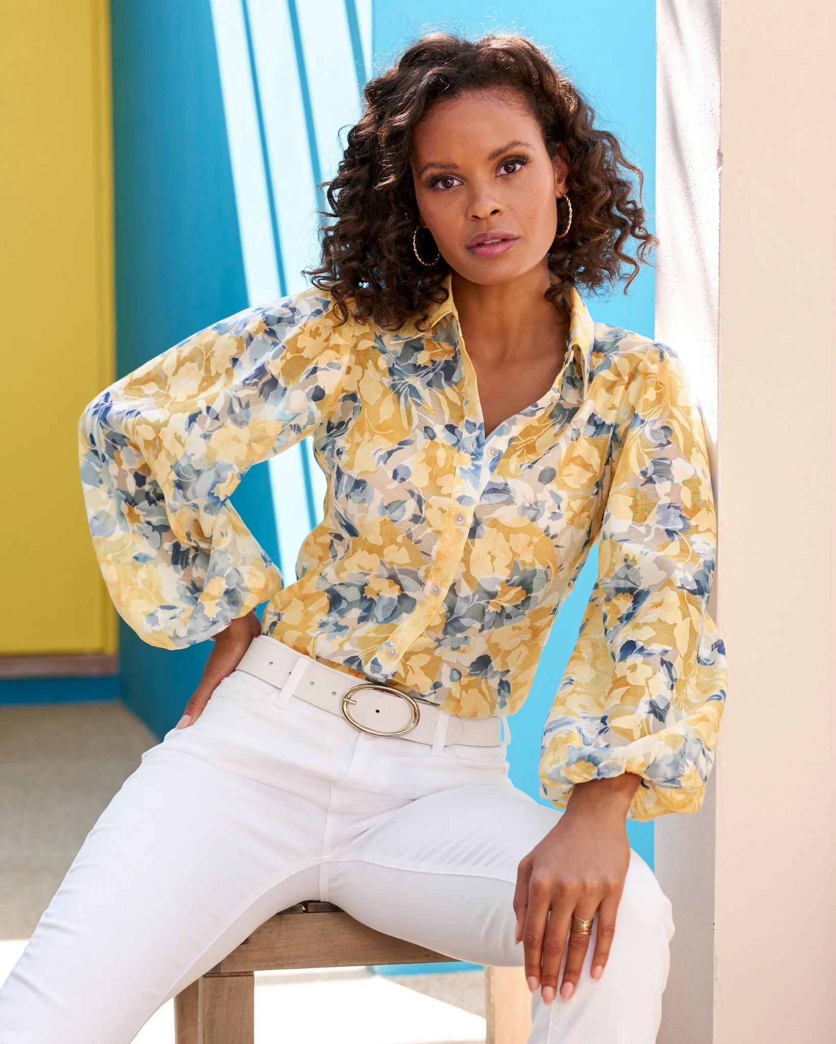 Floral Print Organza Burnout Balloon Sleeve Shirt Blue/Yellow - Mycitystee