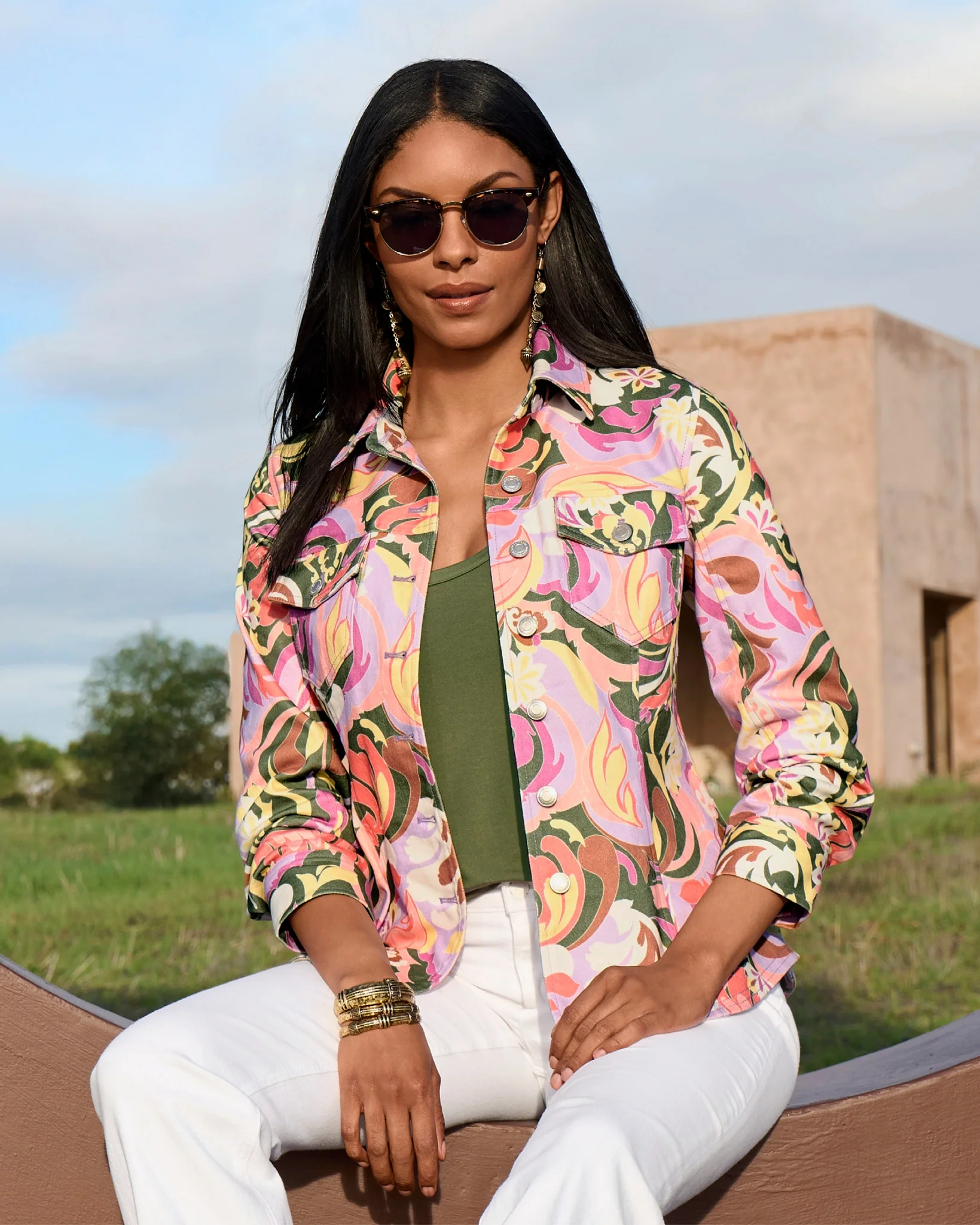 Print Ruched Sleeve Shaped Denim Jacket St Tropez Abstract - Mycitystee